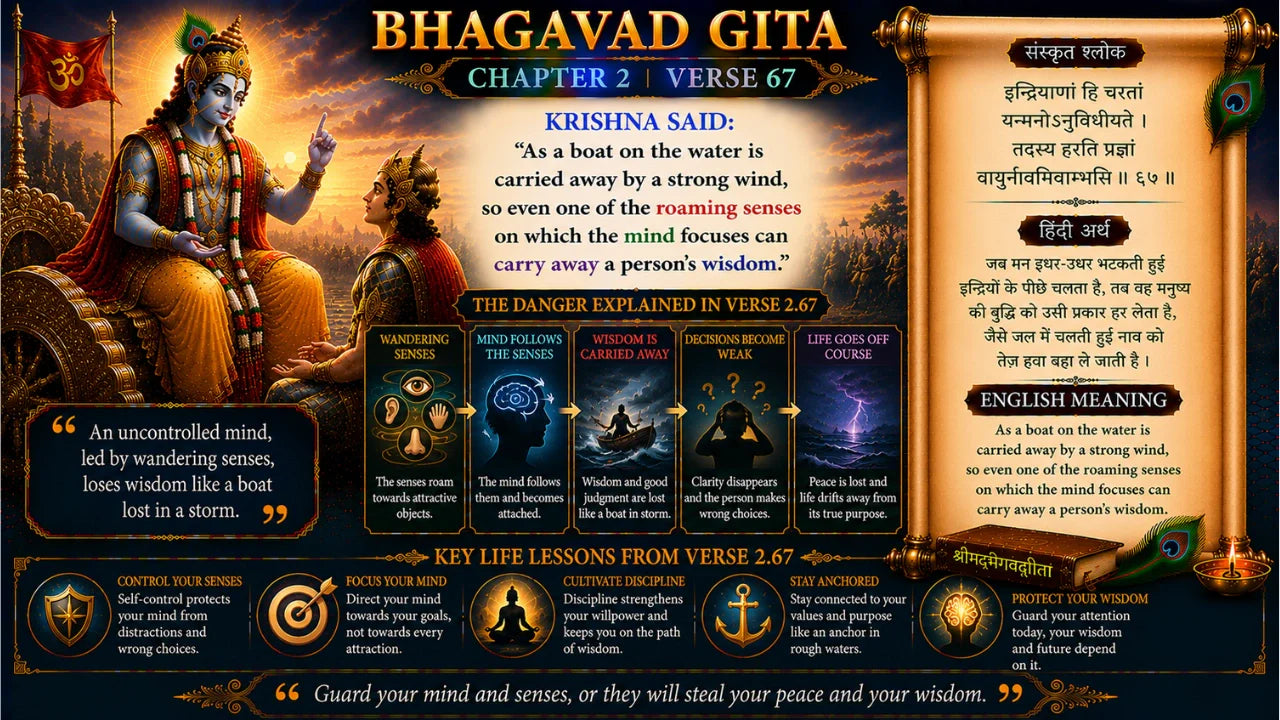 Bhagavad Gita Chapter 2 Verse 67 Meaning in Hindi and English