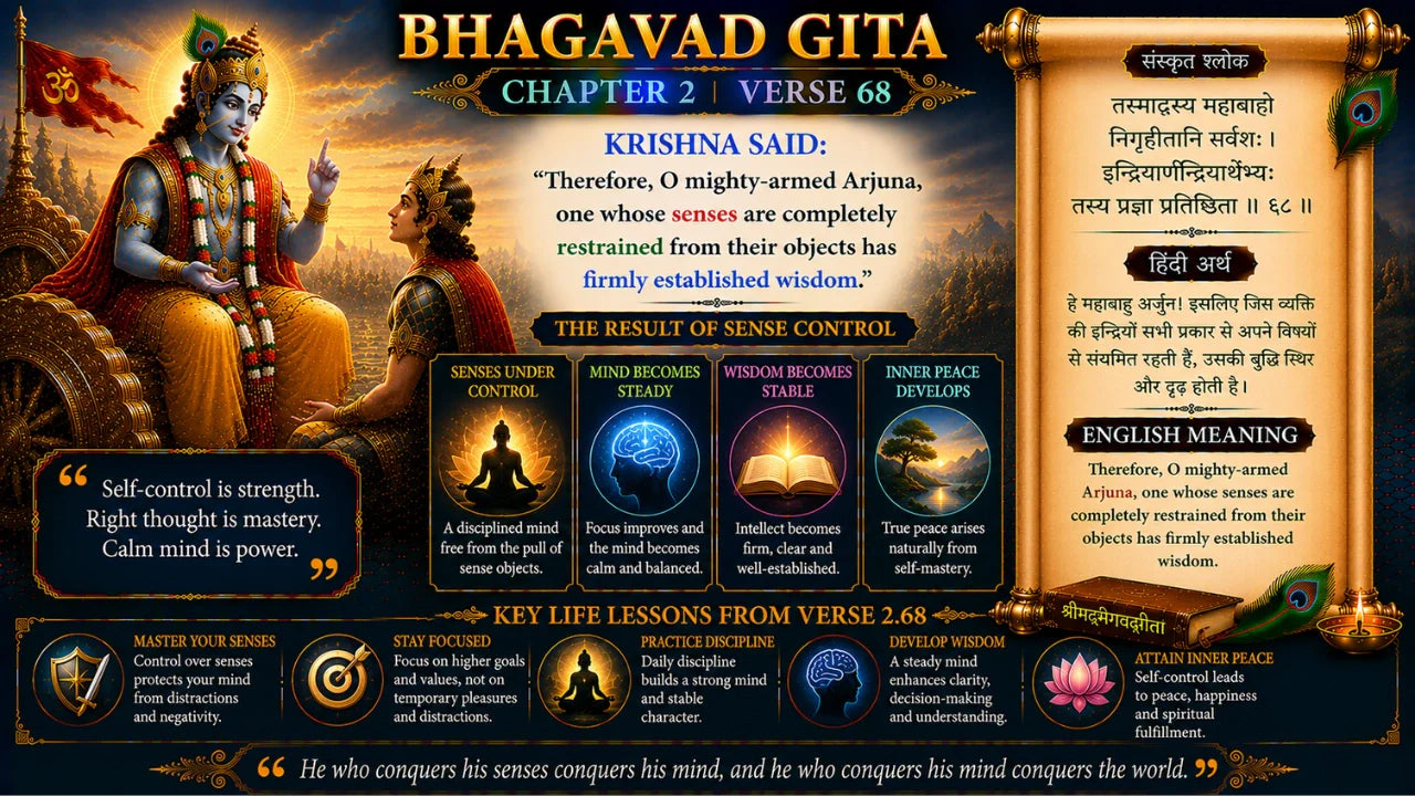 Bhagavad Gita Chapter 2 Verse 68 Meaning in Hindi and English