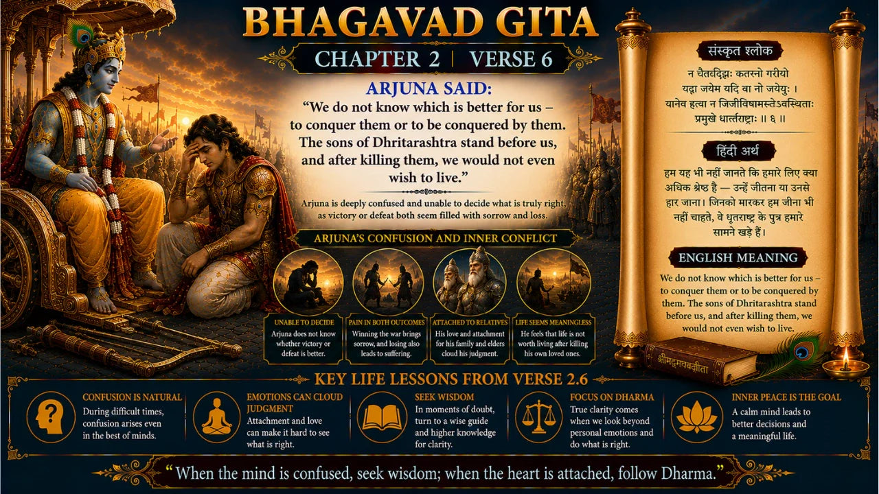 Bhagavad Gita Chapter 2 Verse 6 Meaning in Hindi and English
