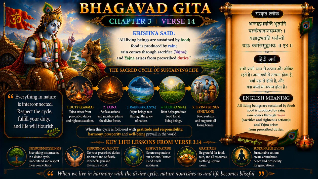 Bhagavad Gita Chapter 3 Verse 14 Meaning in Hindi and English