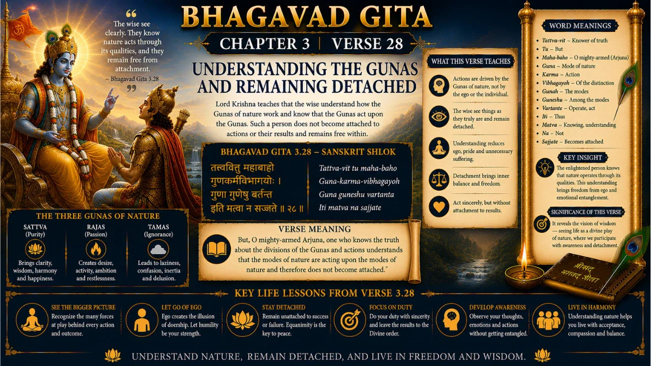 Bhagavad Gita Chapter 3 Verse 28 Meaning in Hindi & English