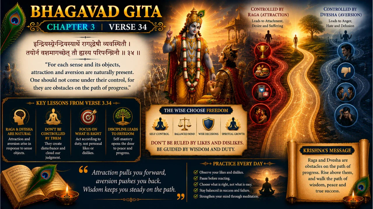 Bhagavad Gita Chapter 3 Verse 34 Meaning in Hindi and English