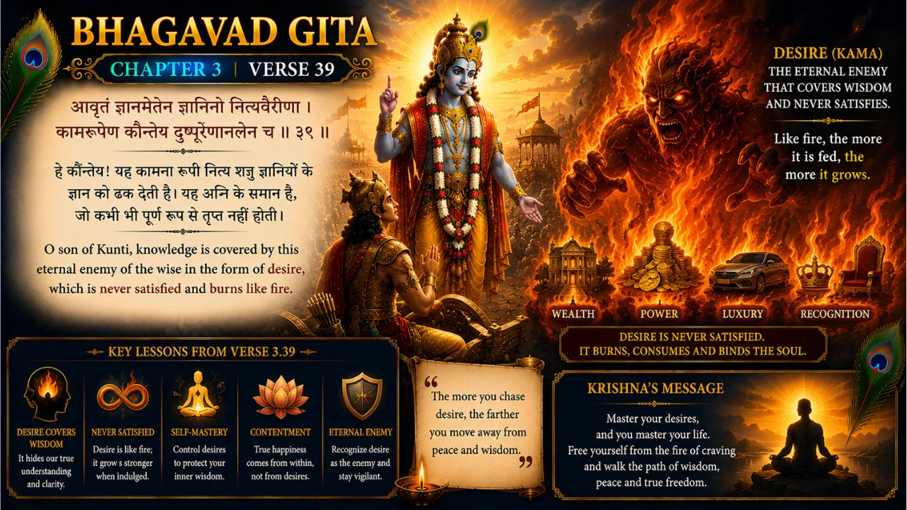 Bhagavad Gita Chapter 3 Verse 39 Meaning in Hindi and English