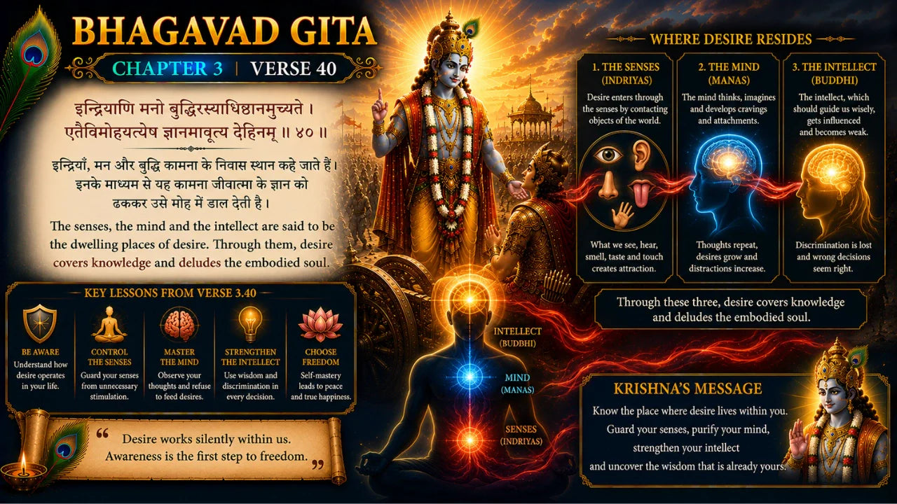 Bhagavad Gita Chapter 3 Verse 40 Meaning in Hindi and English
