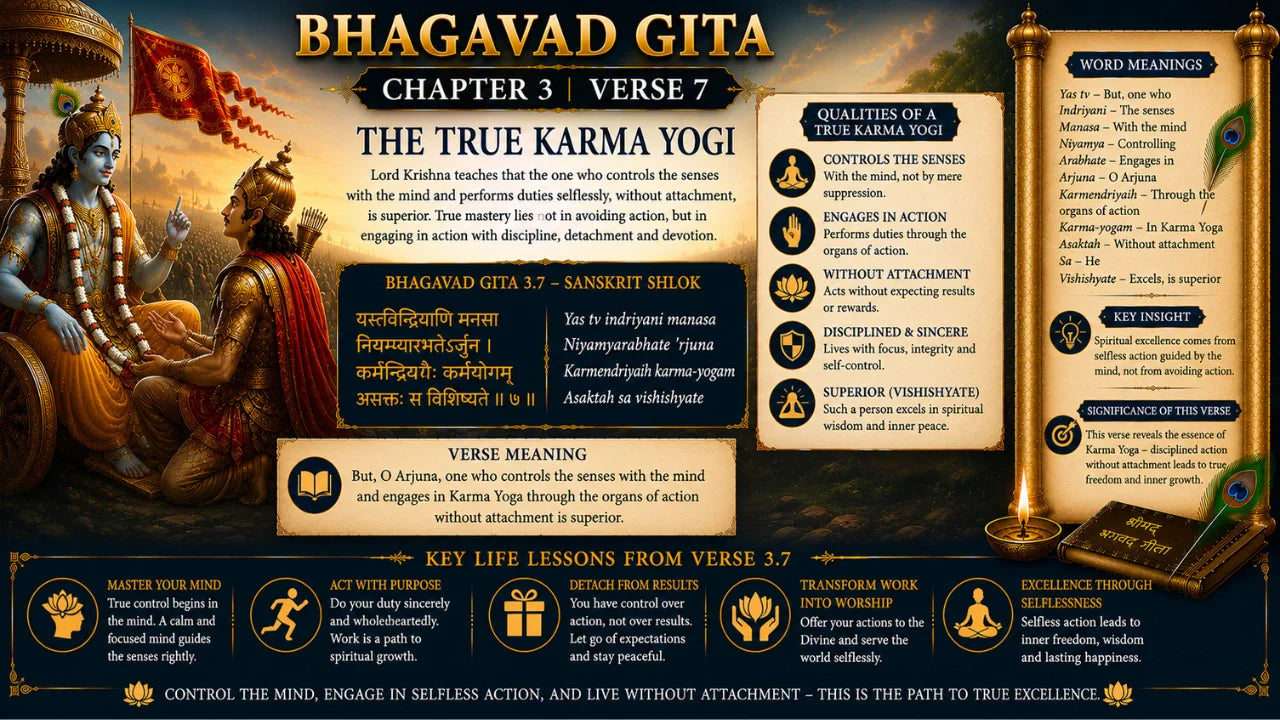 Bhagavad Gita Chapter 3 Verse 7 Meaning in Hindi & English
