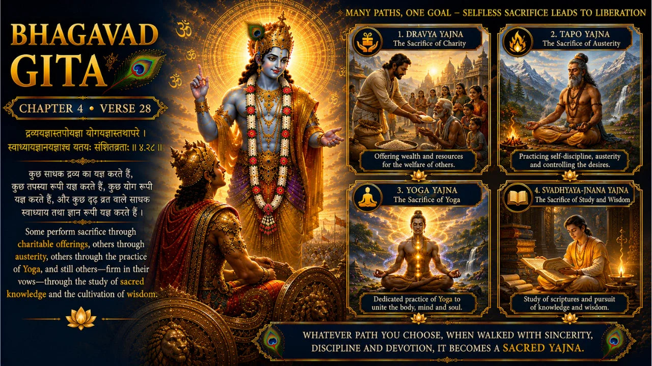 Bhagavad Gita Chapter 4 Verse 28 Meaning in Hindi and English