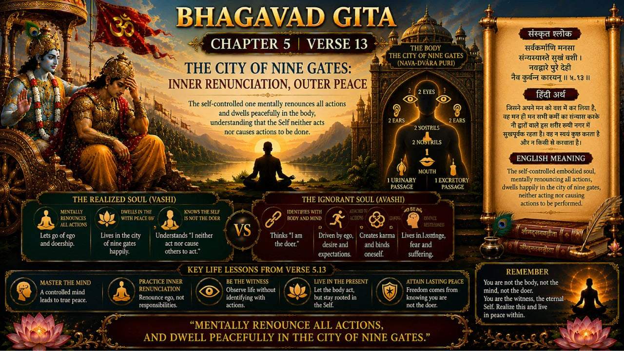 Bhagavad Gita Chapter 5 Verse 13 Meaning in Hindi and English