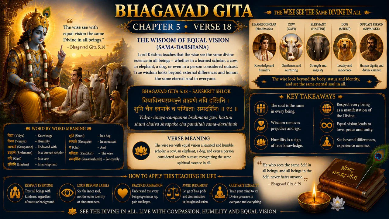 Bhagavad Gita Chapter 5 Verse 18 Meaning in Hindi & English
