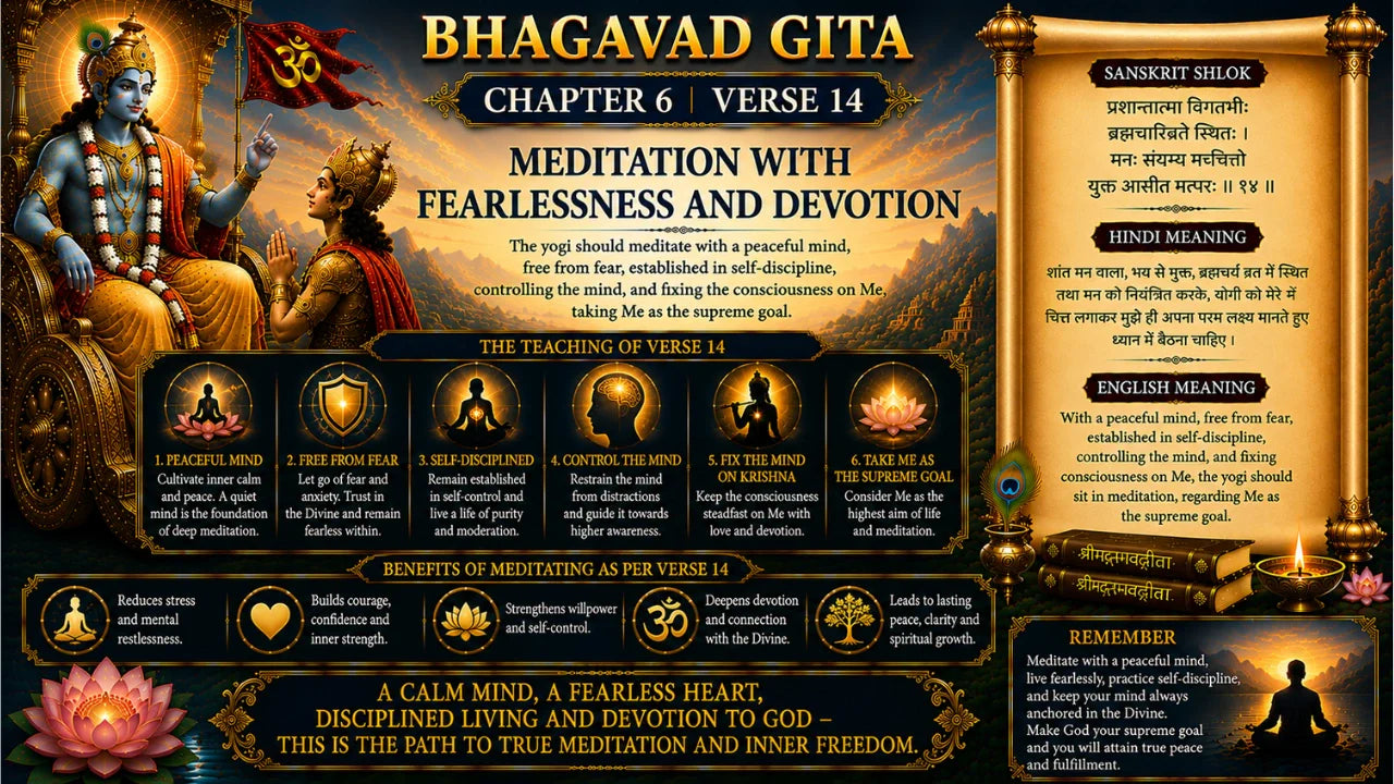 Bhagavad Gita Chapter 6 Verse 14 Meaning in Hindi & English