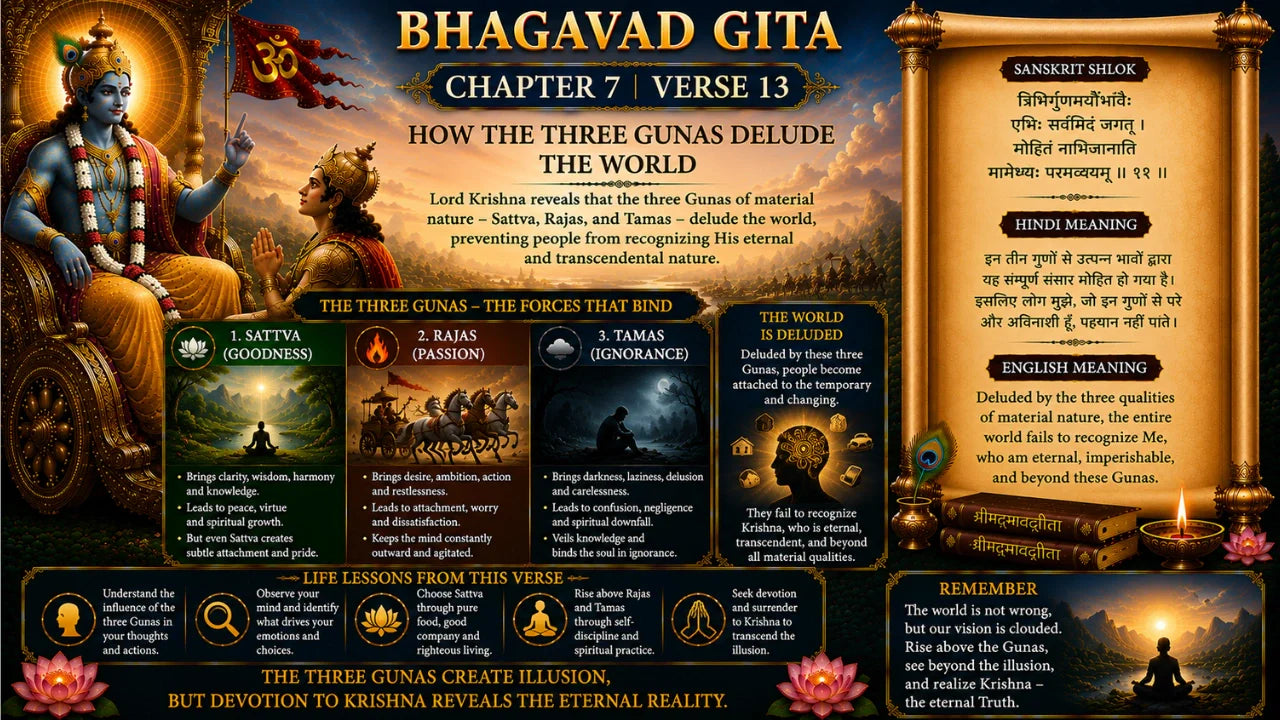 Bhagavad Gita Chapter 7 Verse 13 Meaning in Hindi & English