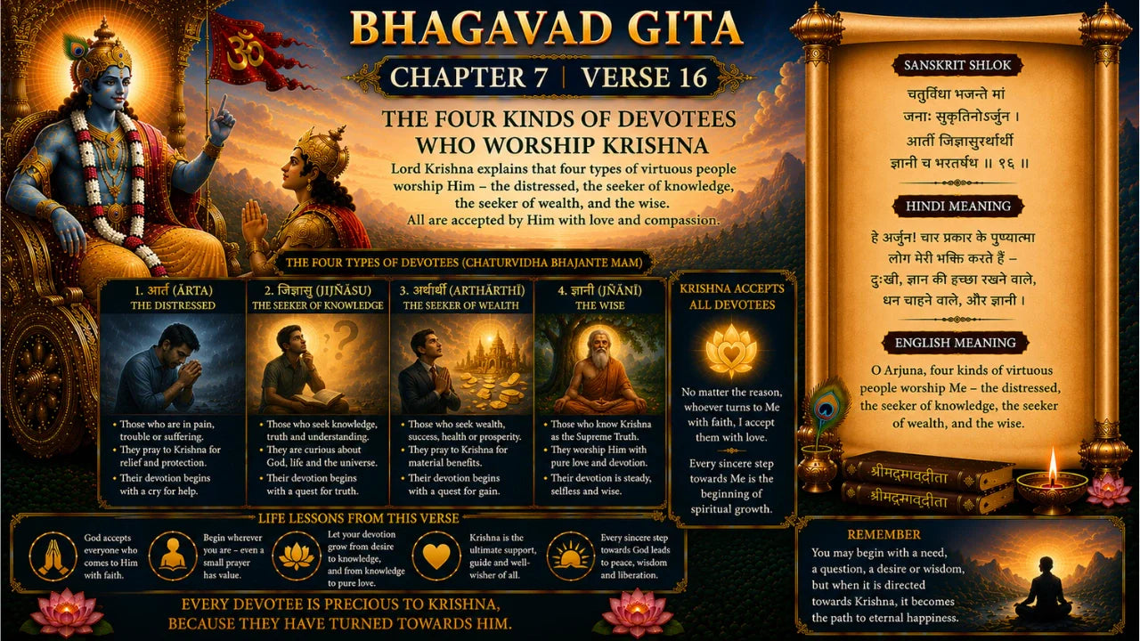 Bhagavad Gita Chapter 7 Verse 16 Meaning in Hindi & English