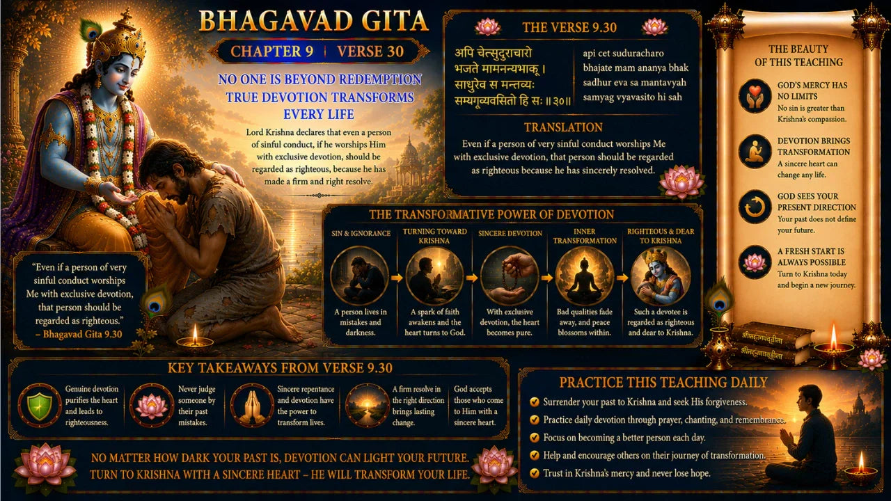 Bhagavad Gita Chapter 9 Verse 30 Meaning in Hindi & English