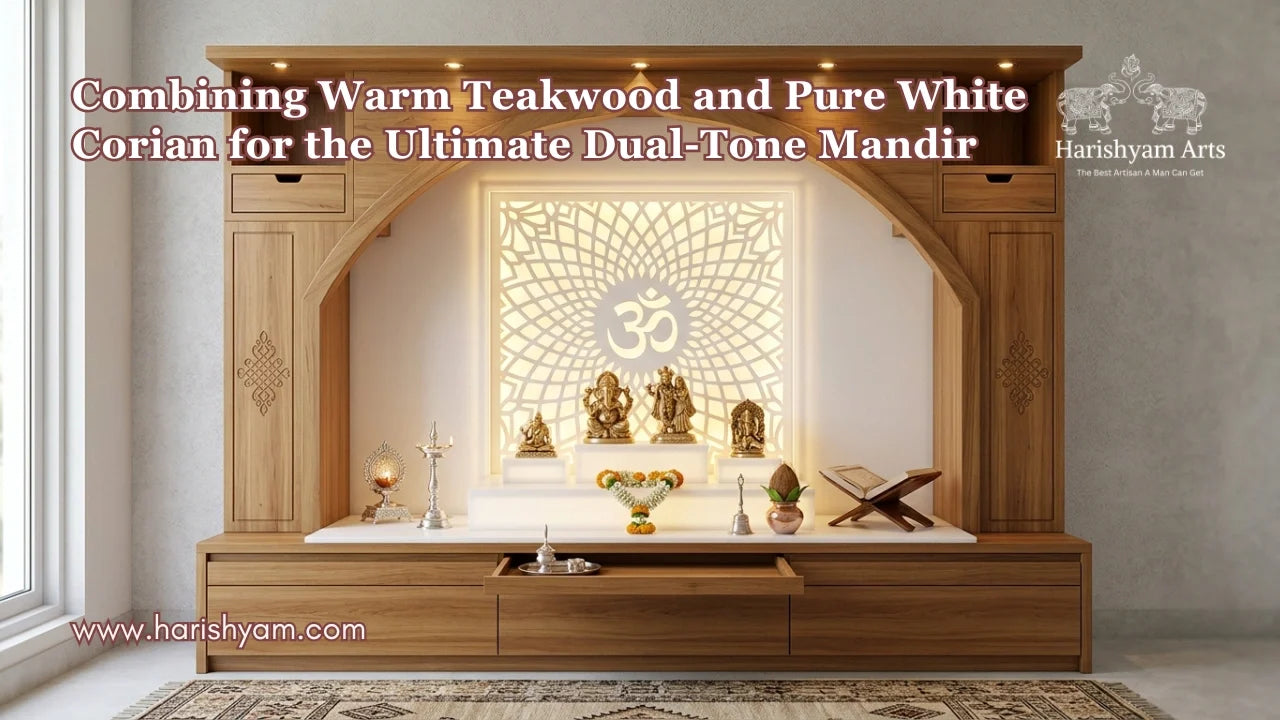 Combining Warm Teakwood and Pure White Corian for the Ultimate Dual-Tone Mandir