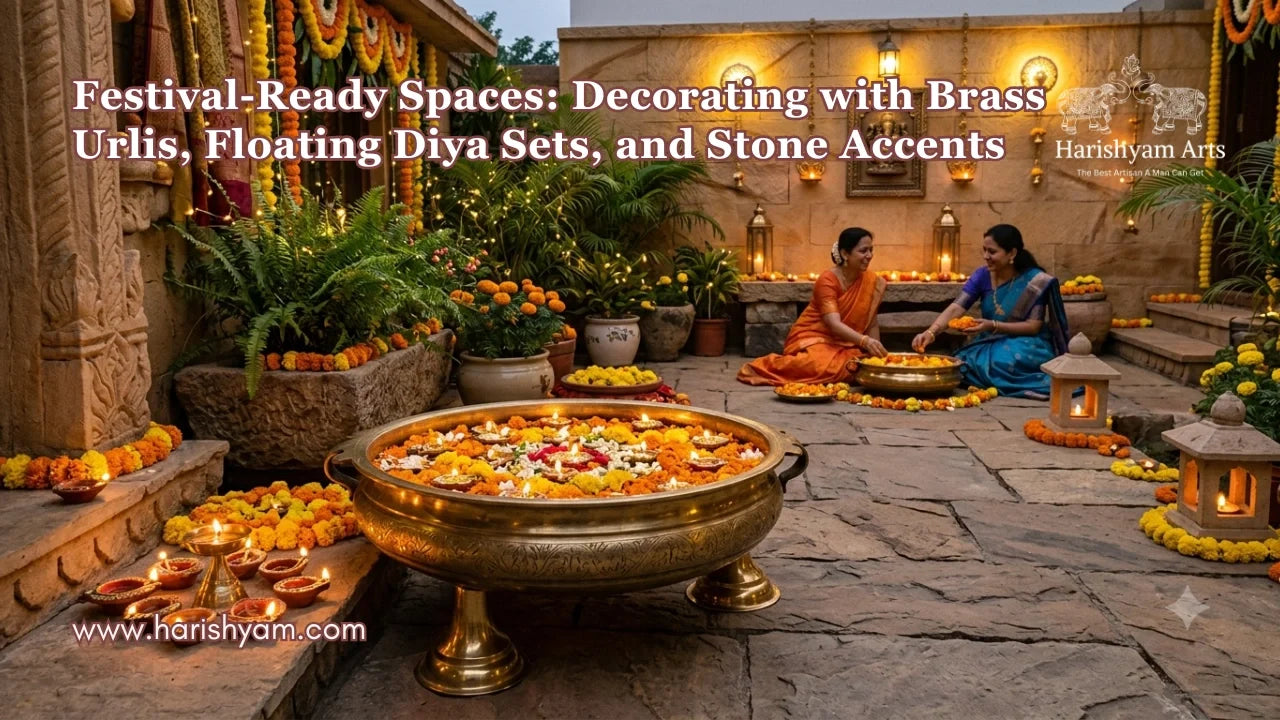 Festival-Ready Spaces: Decorating with Brass Urlis, Floating Diya Sets, and Stone Accents