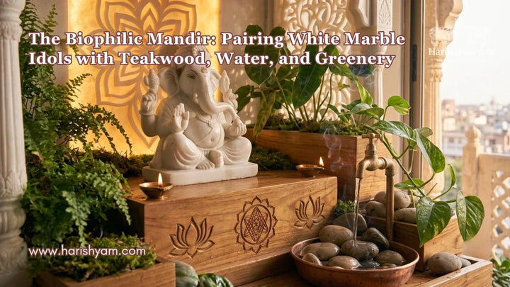 The Biophilic Mandir: Pairing White Marble Idols with Teakwood, Water, and Greenery