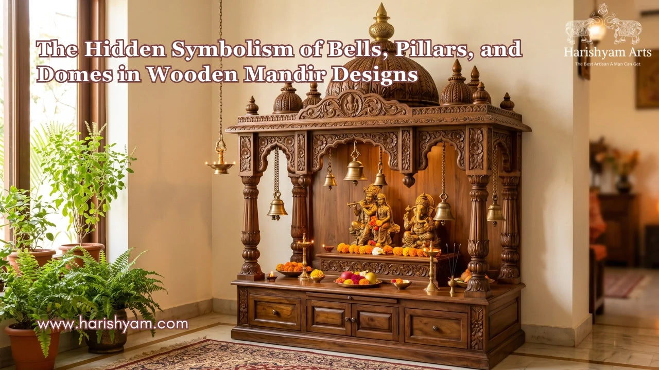 The Hidden Symbolism of Bells, Pillars, and Domes in Wooden Mandir Designs