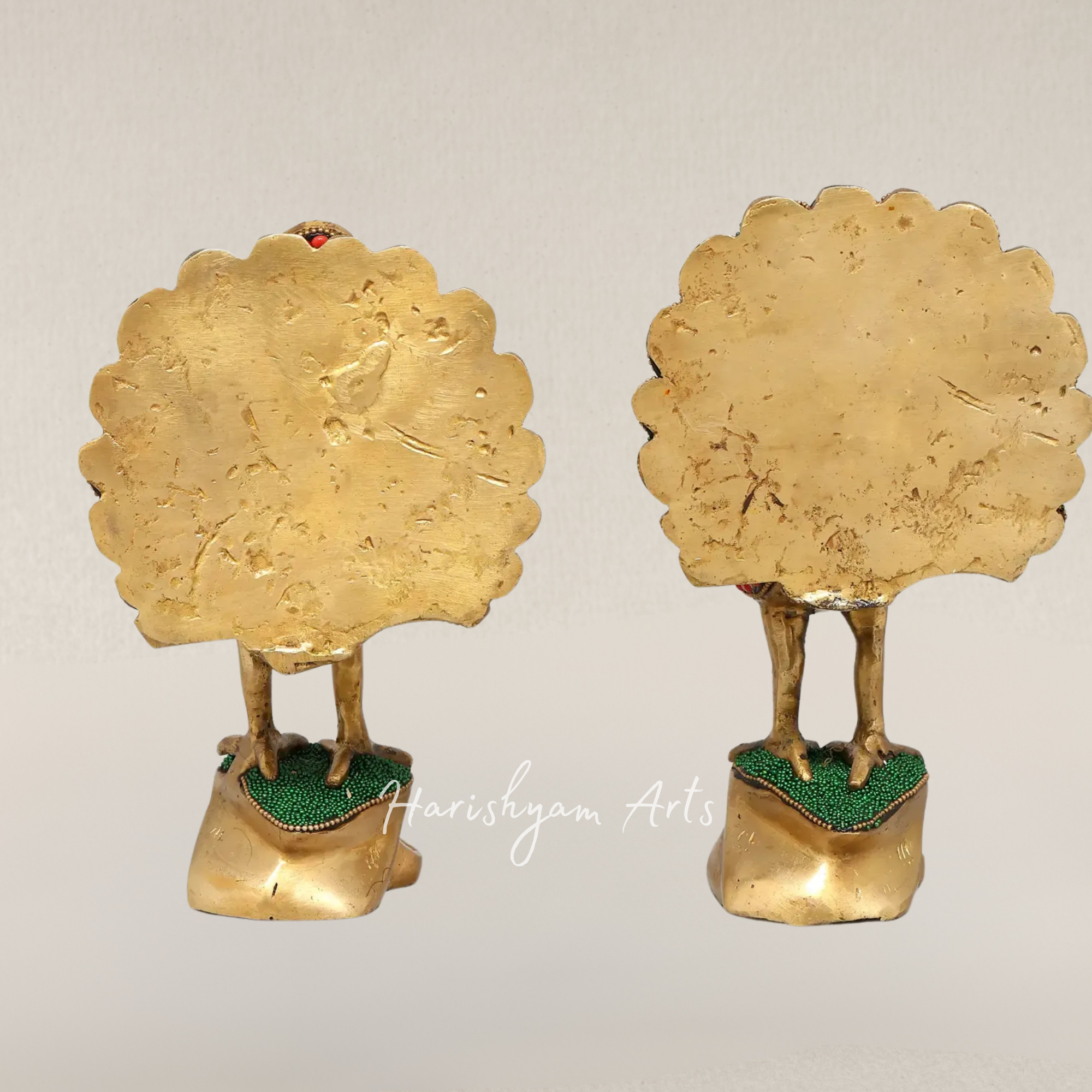 8" Elegant Twin Peacock Sculptures in Brass with Artistic Inlay Detailing