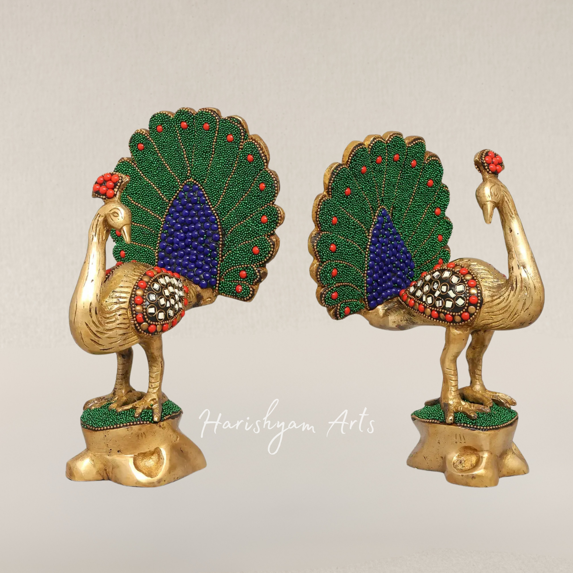 8" Elegant Twin Peacock Sculptures in Brass with Artistic Inlay Detailing