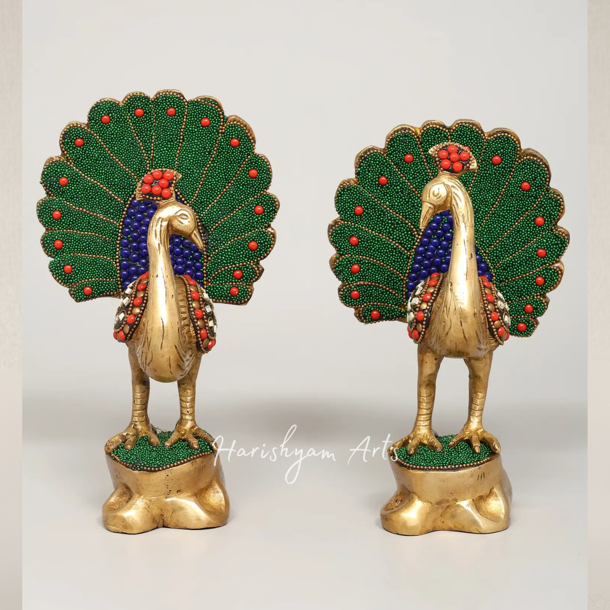 8" Elegant Twin Peacock Sculptures in Brass with Artistic Inlay Detailing