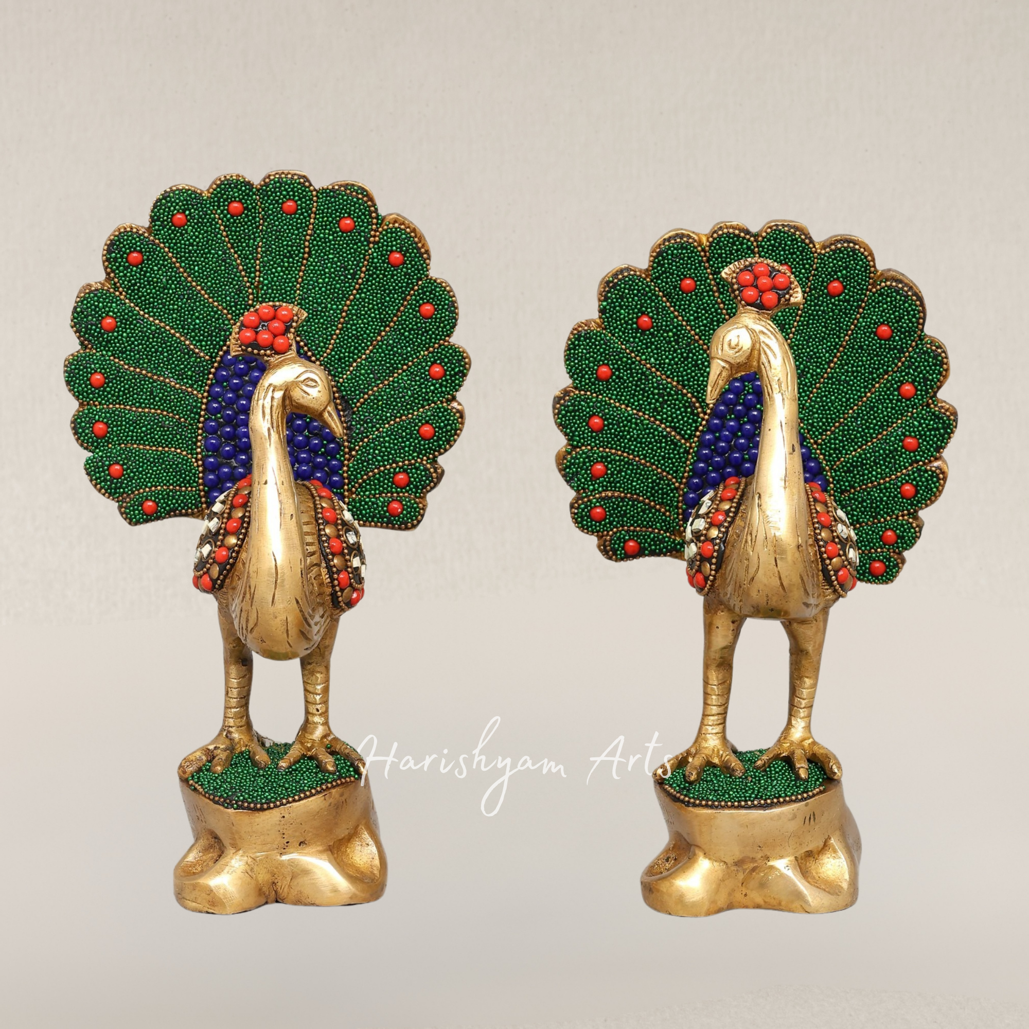 8" Elegant Twin Peacock Sculptures in Brass with Artistic Inlay Detailing