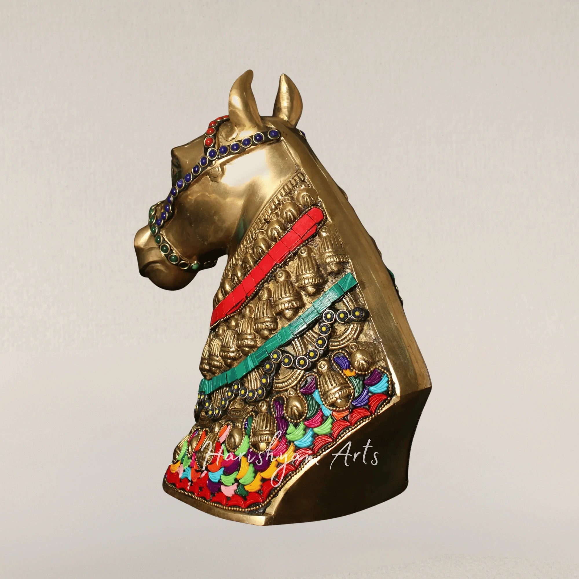 10" Brass Horse Figurine with Decorative Inlay Table Accent