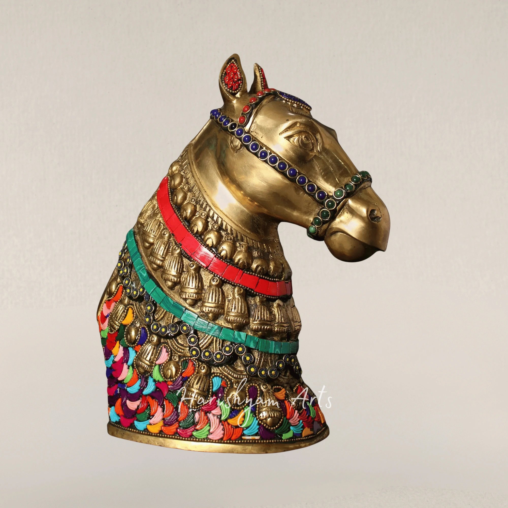 10" Brass Horse Figurine with Decorative Inlay Table Accent
