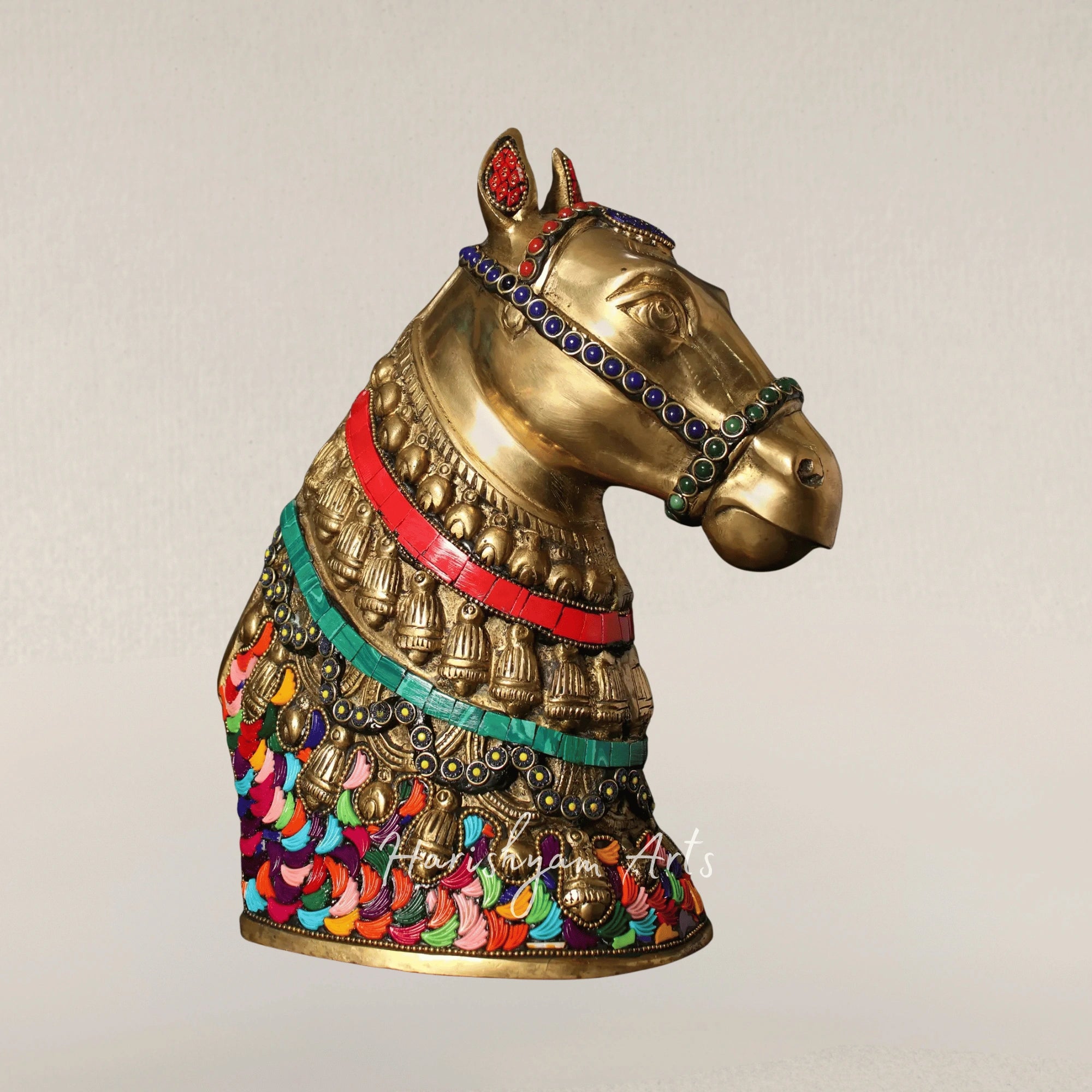 10" Brass Horse Figurine with Decorative Inlay Table Accent