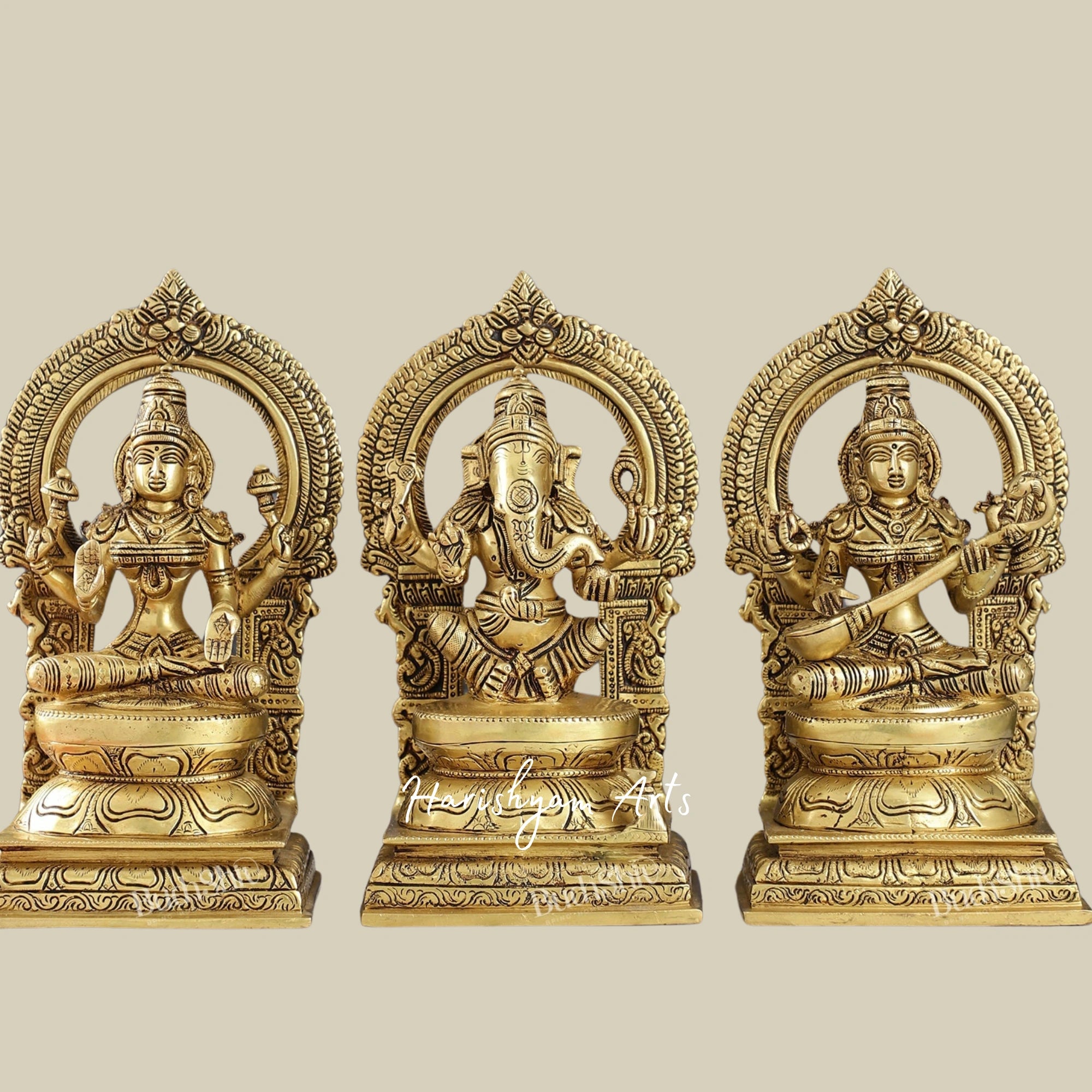 10" Brass Idols of Ganesha, Lakshmi, and Saraswati for Pooja and Decor