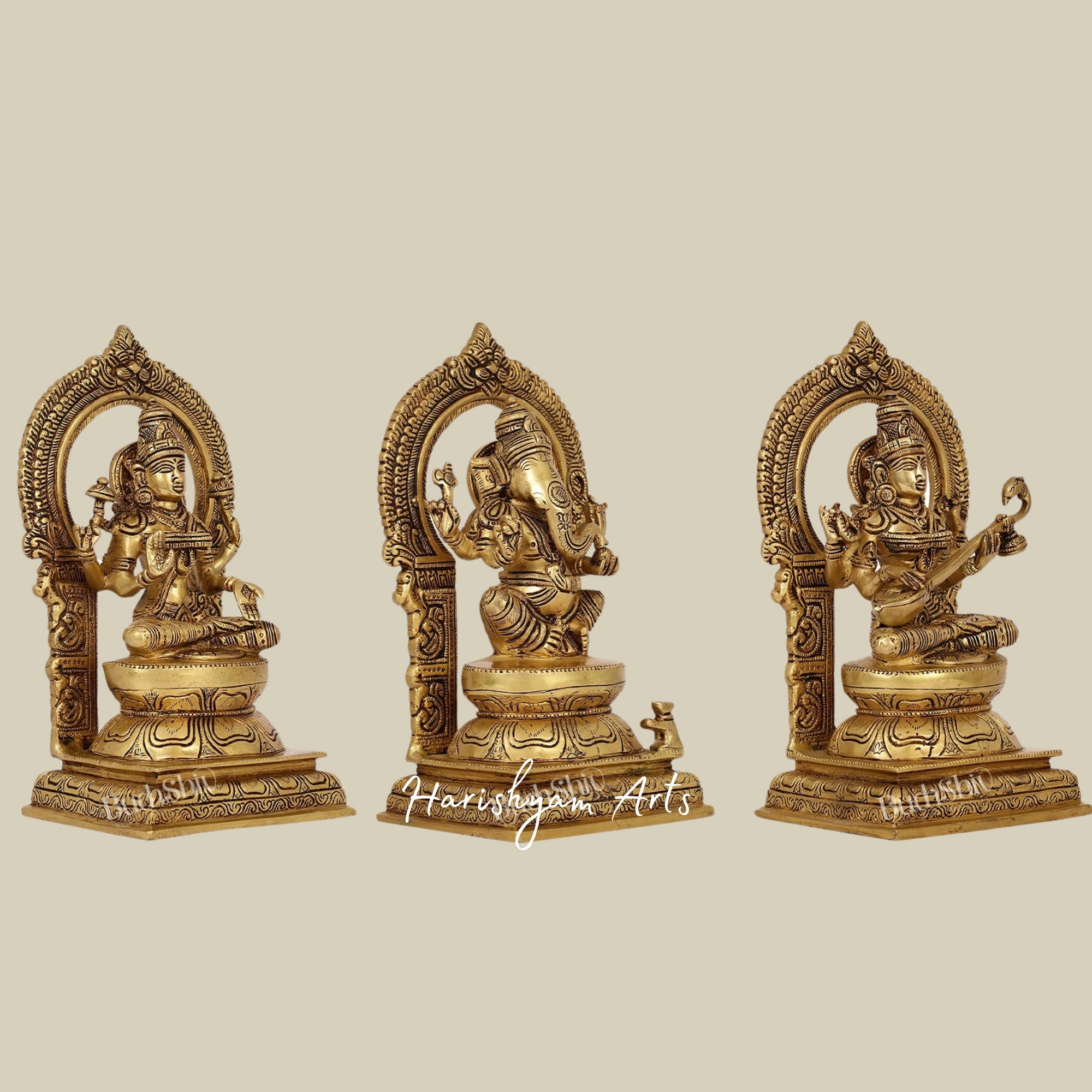 10" Brass Idols of Ganesha, Lakshmi, and Saraswati for Pooja and Decor1