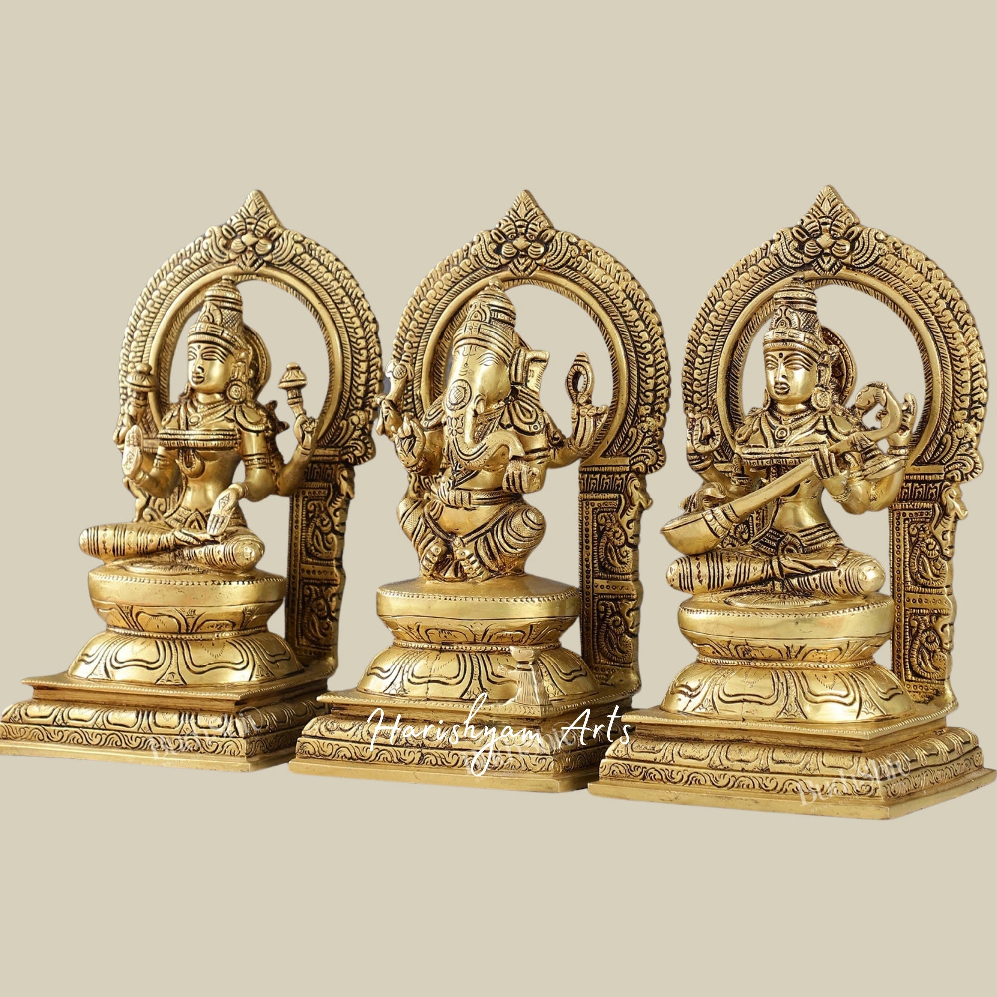 10" Brass Idols of Ganesha, Lakshmi, and Saraswati for Pooja and Decor2