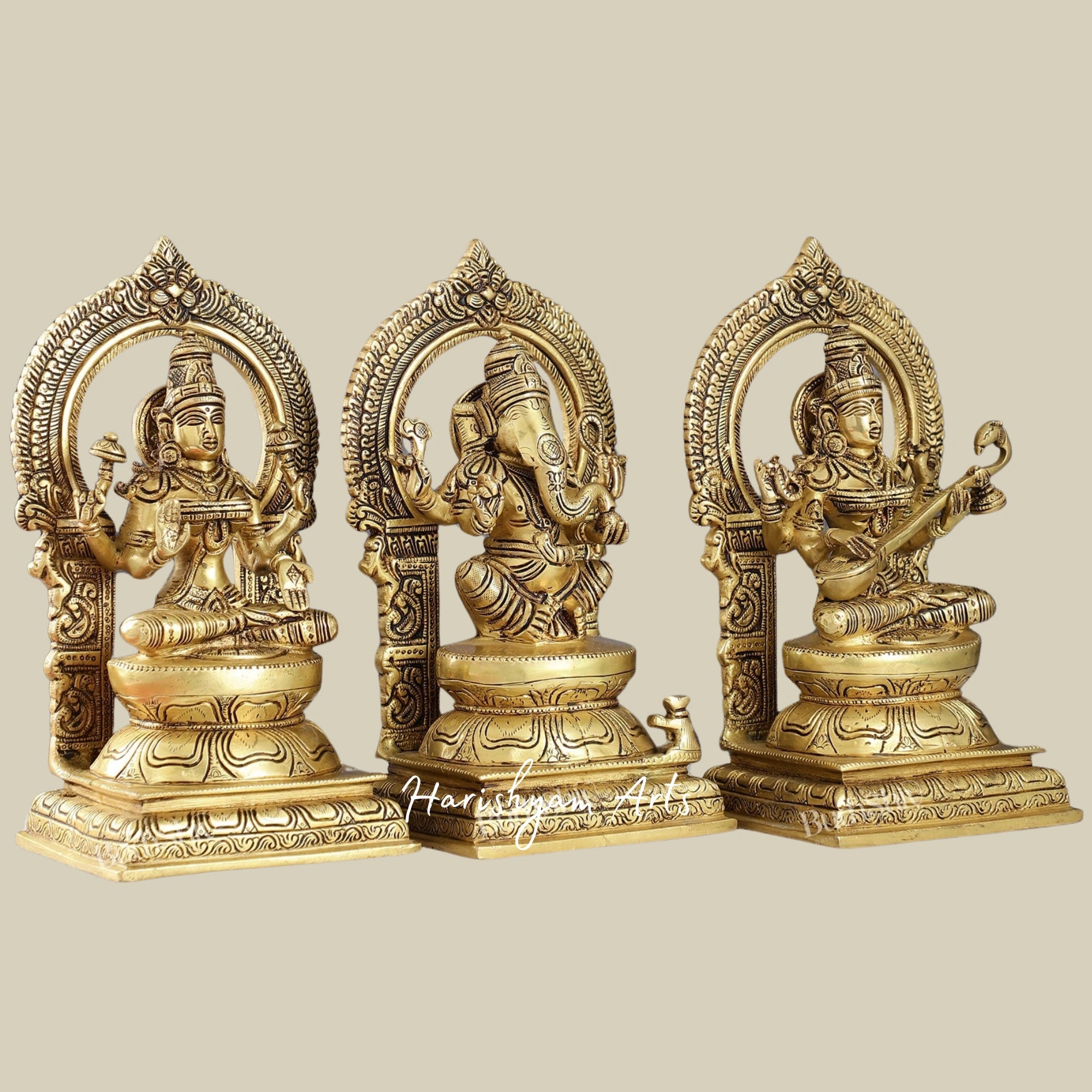 10" Brass Idols of Ganesha, Lakshmi, and Saraswati for Pooja and Decor3