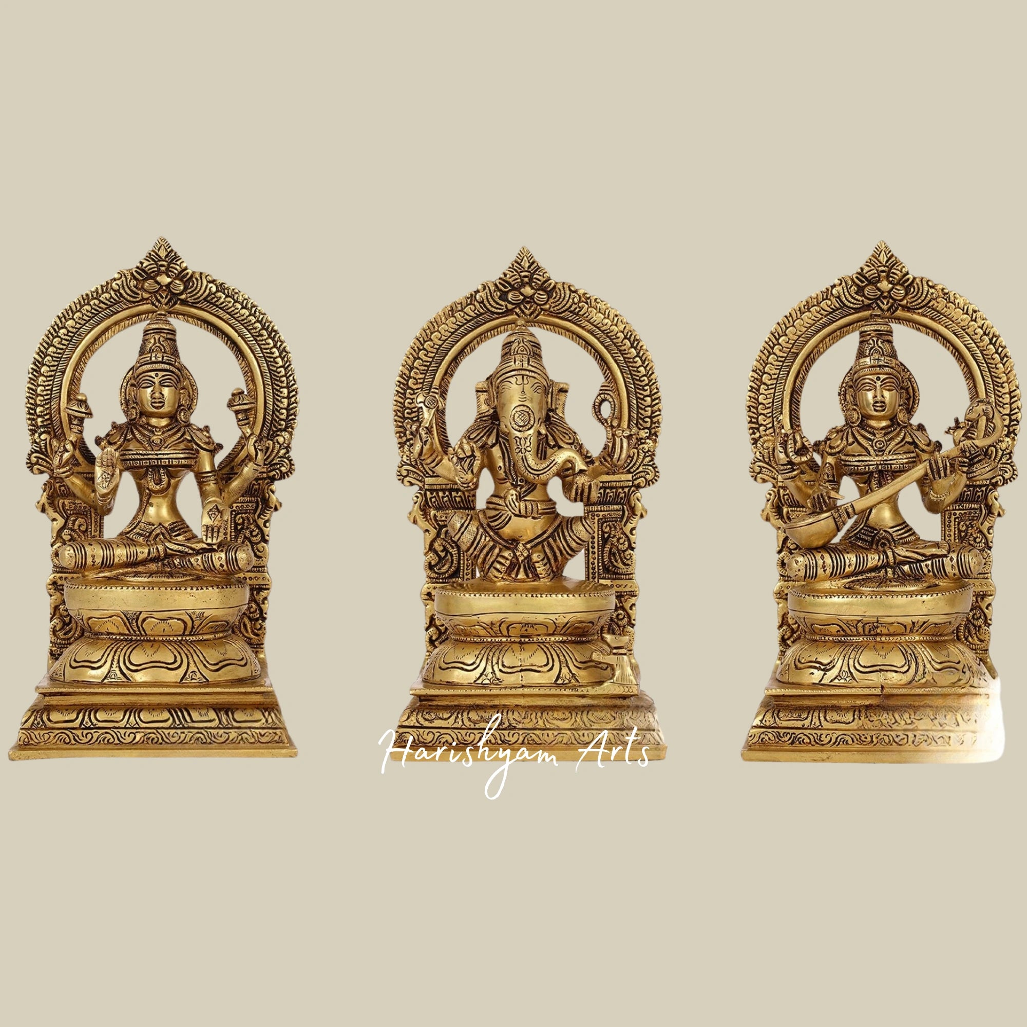 10" Brass Idols of Ganesha, Lakshmi, and Saraswati for Pooja and Decor4