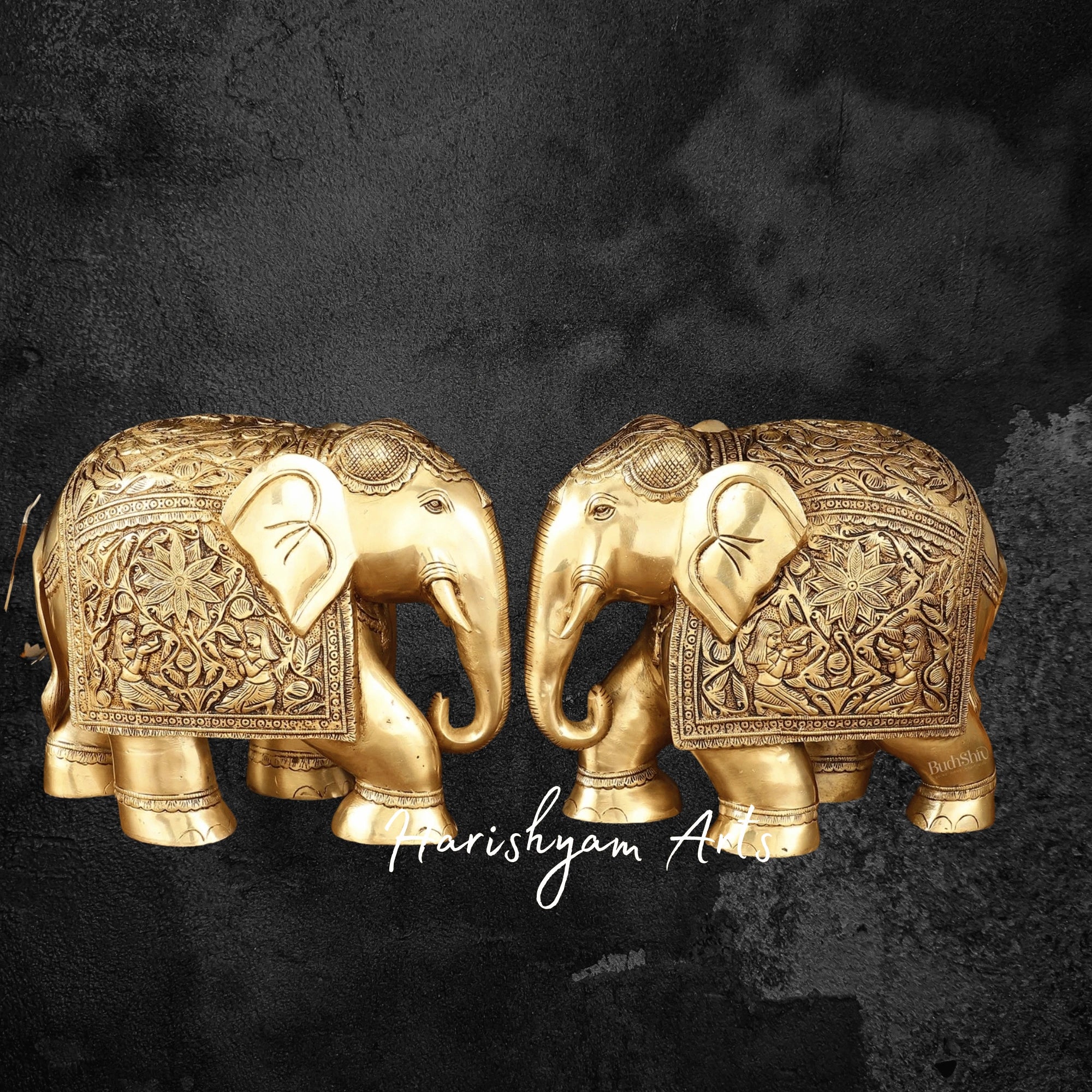 10" Engraved Perfection Brass Elephant Pair for Tabletop Accents