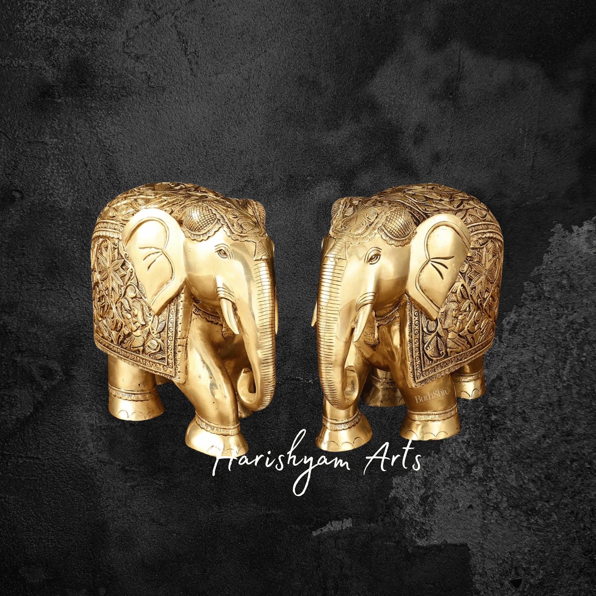 10" Engraved Perfection Brass Elephant Pair for Tabletop Accents