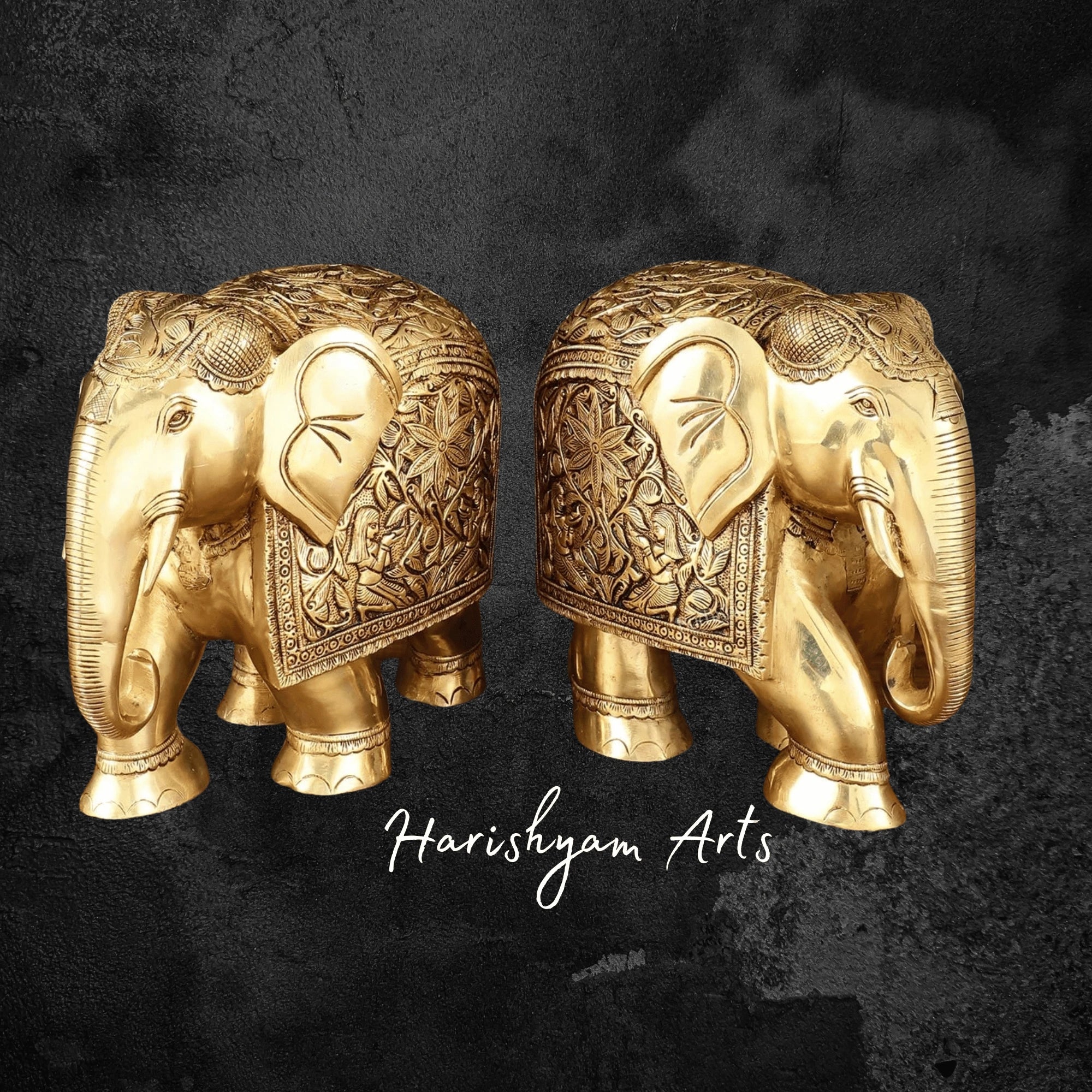10" Engraved Perfection Brass Elephant Pair for Tabletop Accents