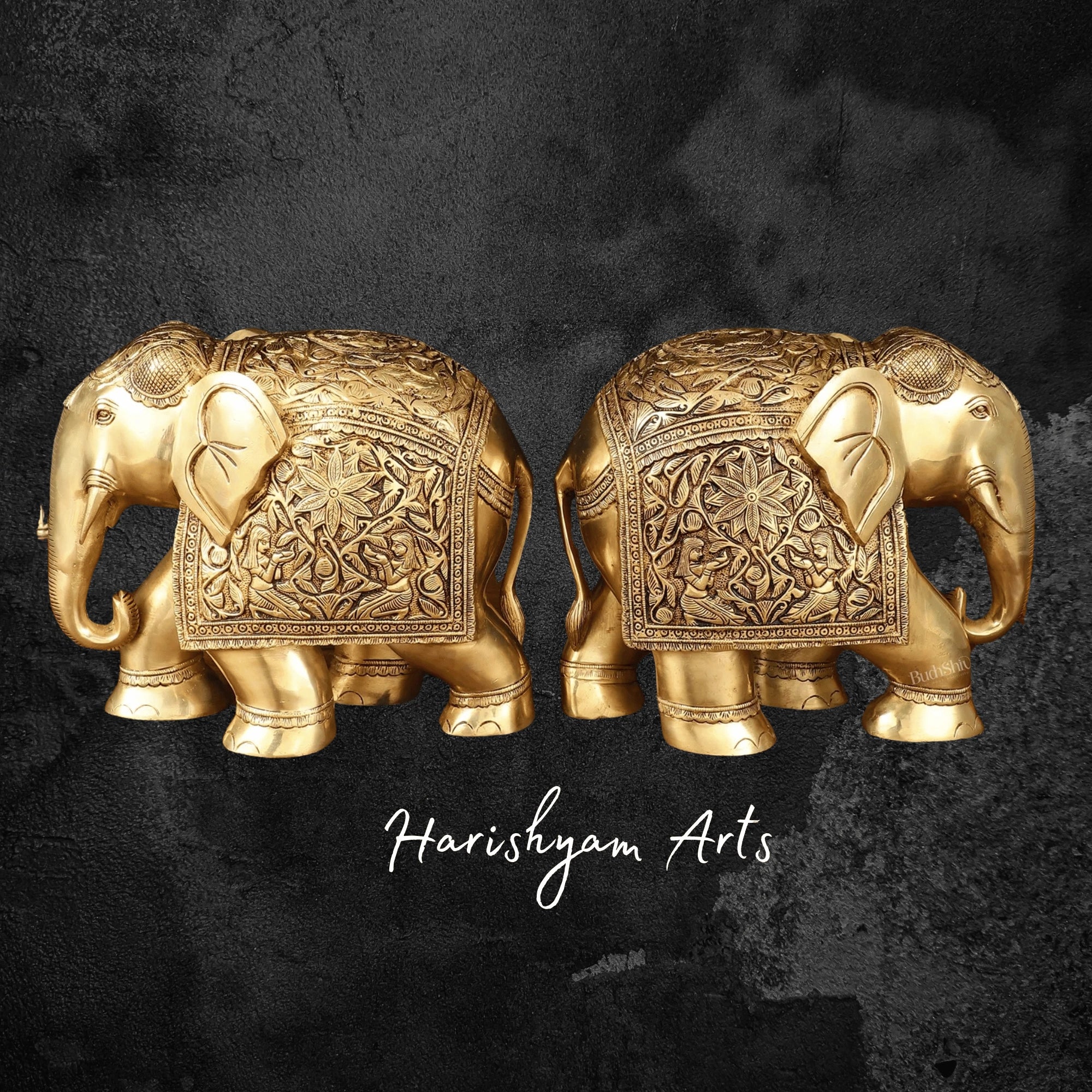 10" Engraved Perfection Brass Elephant Pair for Tabletop Accents