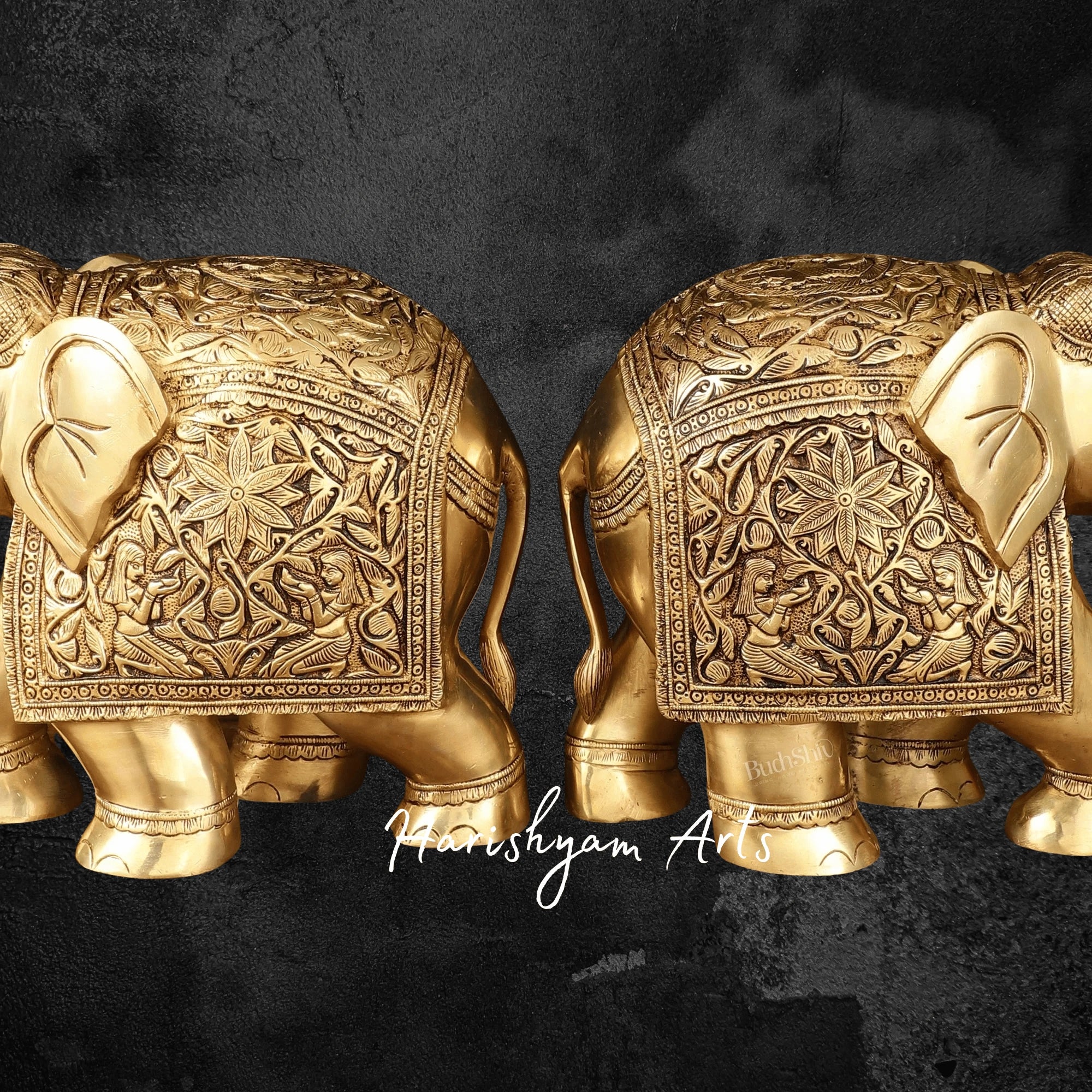 10" Engraved Perfection Brass Elephant Pair for Tabletop Accents