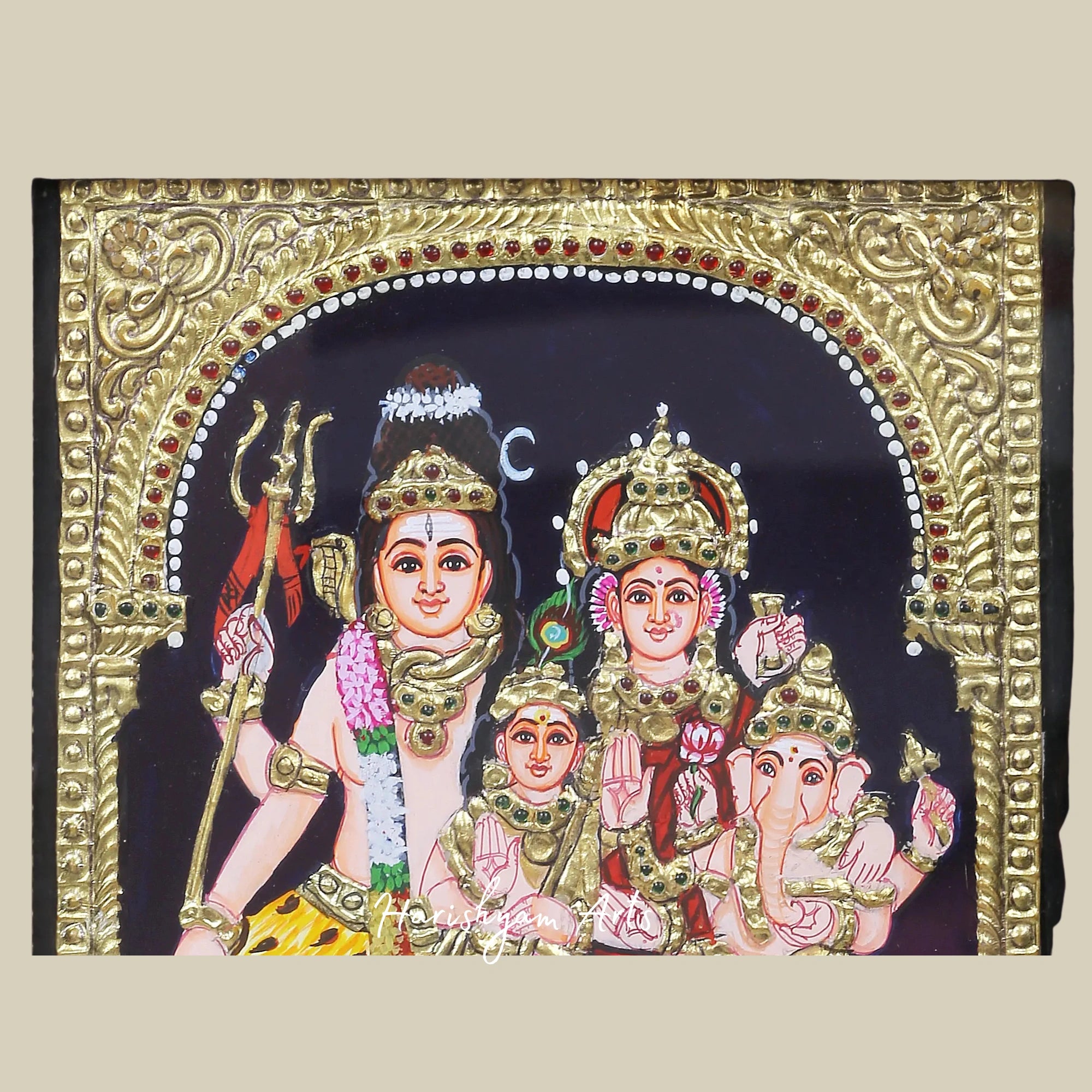 10" Graceful Lord Shiva with Family Tanjore Painting in Traditional Colors