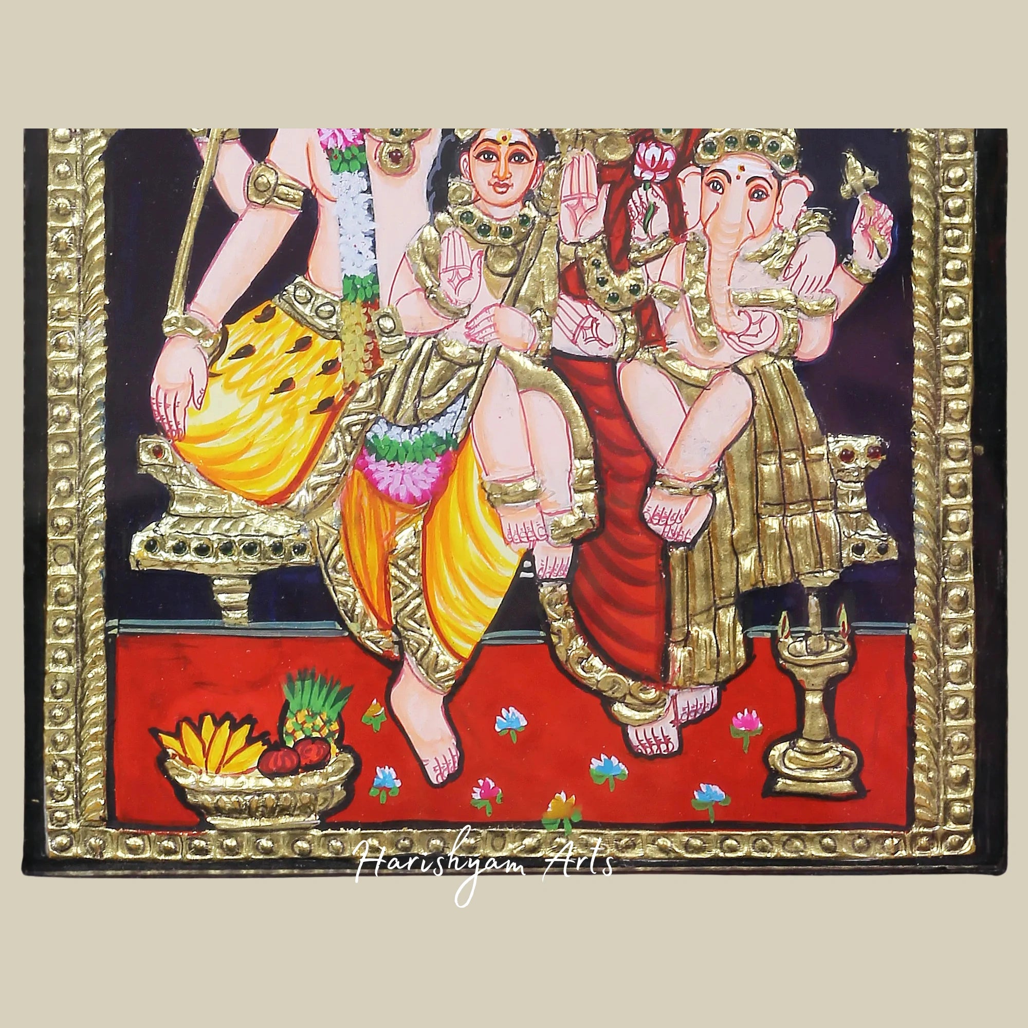 10" Graceful Lord Shiva with Family Tanjore Painting in Traditional Colors