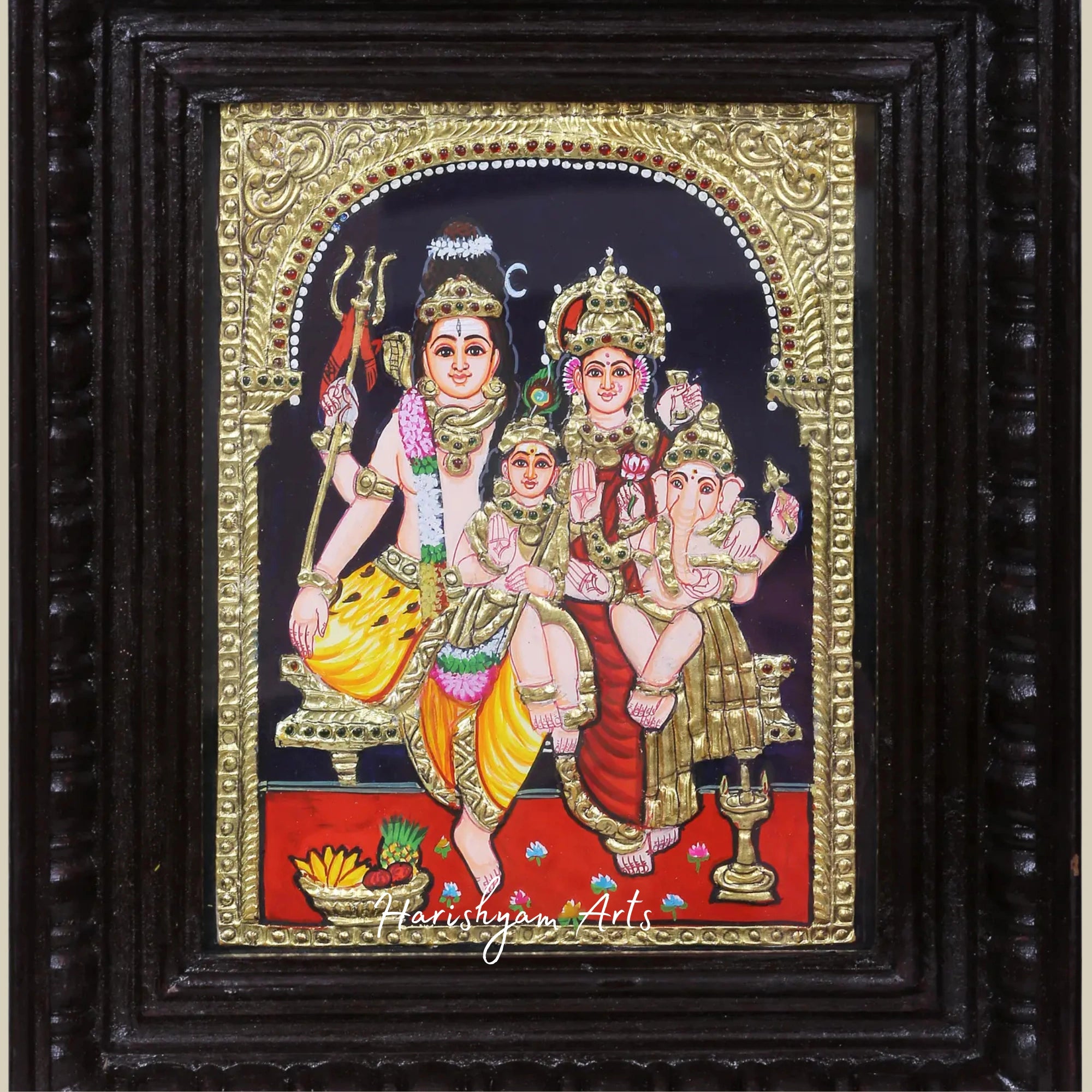 10" Graceful Lord Shiva with Family Tanjore Painting in Traditional Colors