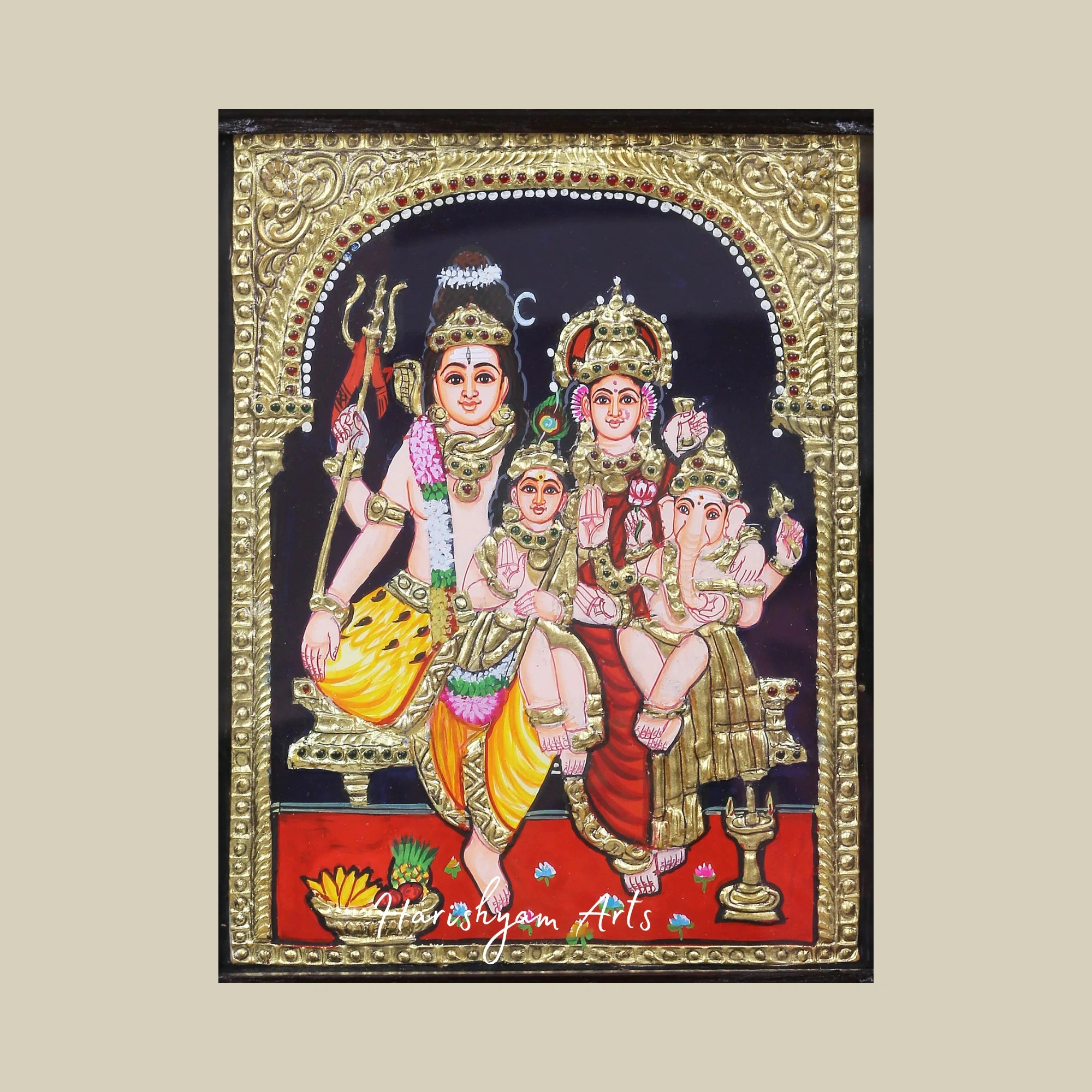 10" Graceful Lord Shiva with Family Tanjore Painting in Traditional Colors