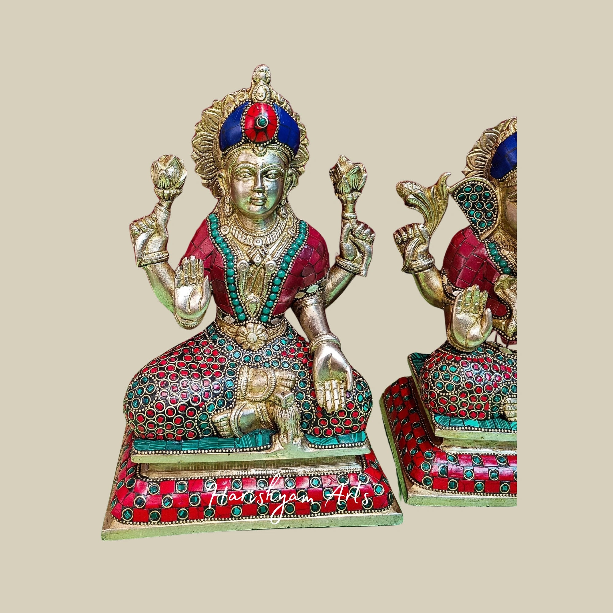 10" Handcrafted Brass Statues of Lord Ganesha, Goddess Lakshmi, and Saraswati