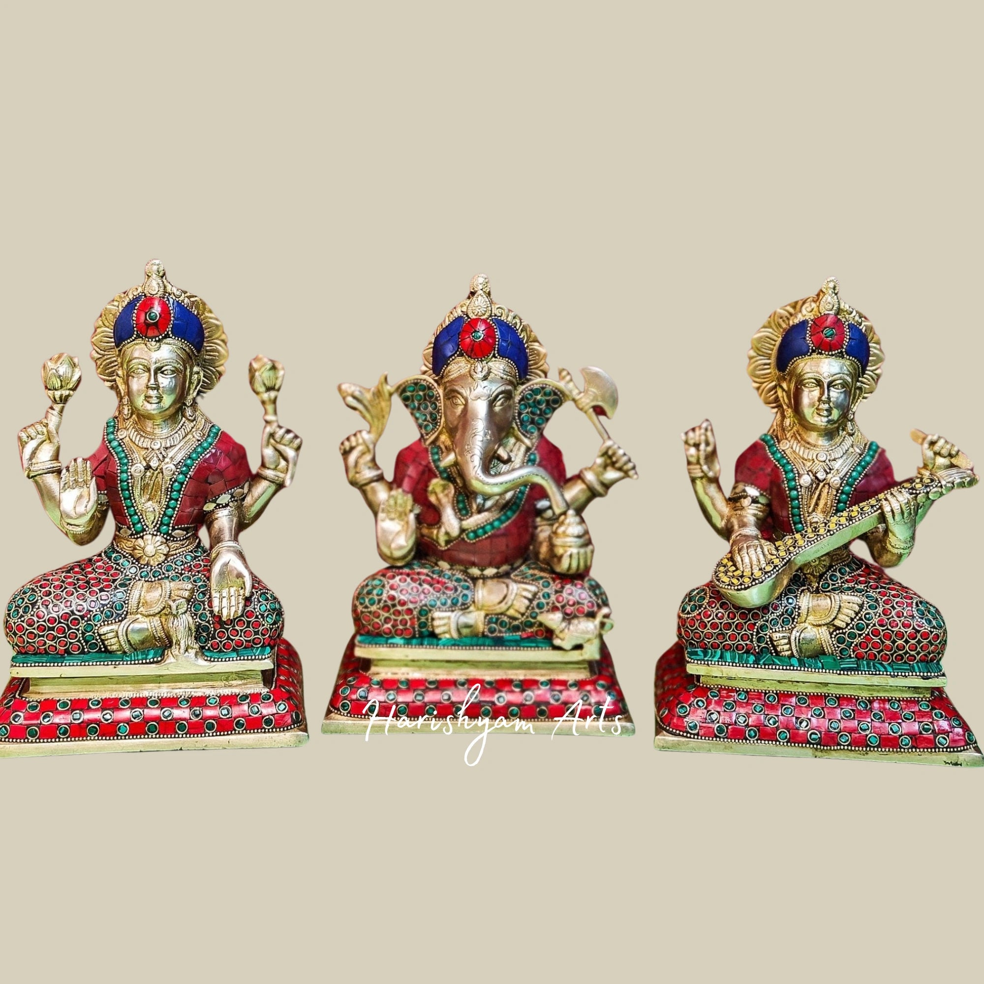 10" Handcrafted Brass Statues of Lord Ganesha, Goddess Lakshmi, and Saraswati1