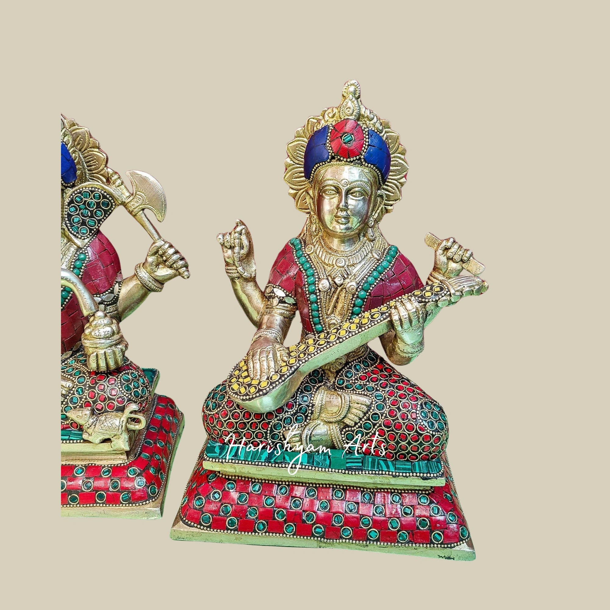 10" Handcrafted Brass Statues of Lord Ganesha, Goddess Lakshmi, and Saraswati3