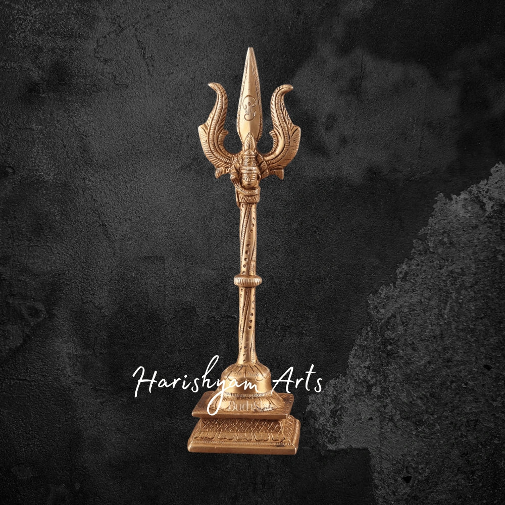 10" Handcrafted Pure Brass Standing Trishul with Fine Details