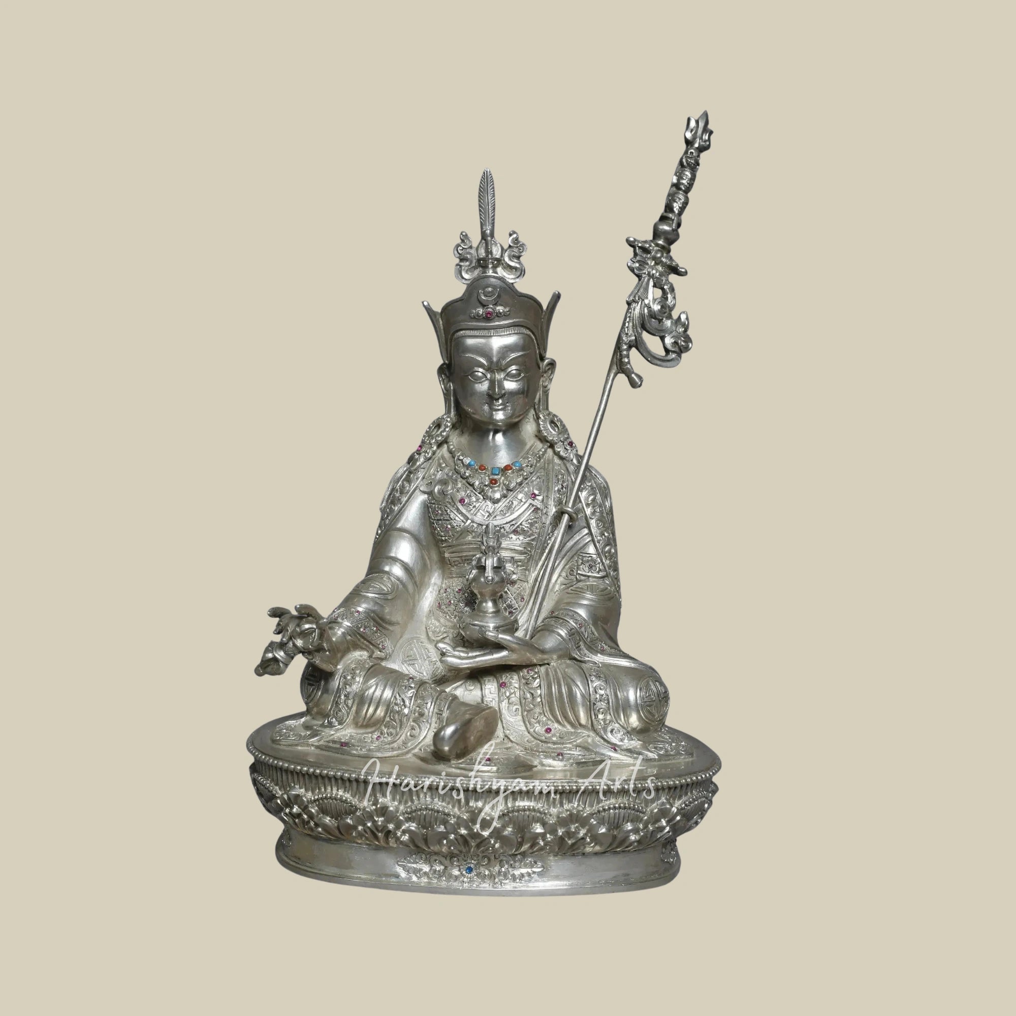 10" Handmade Silver Guru Padmasambhava Idol Sacred Nepal Sculpture