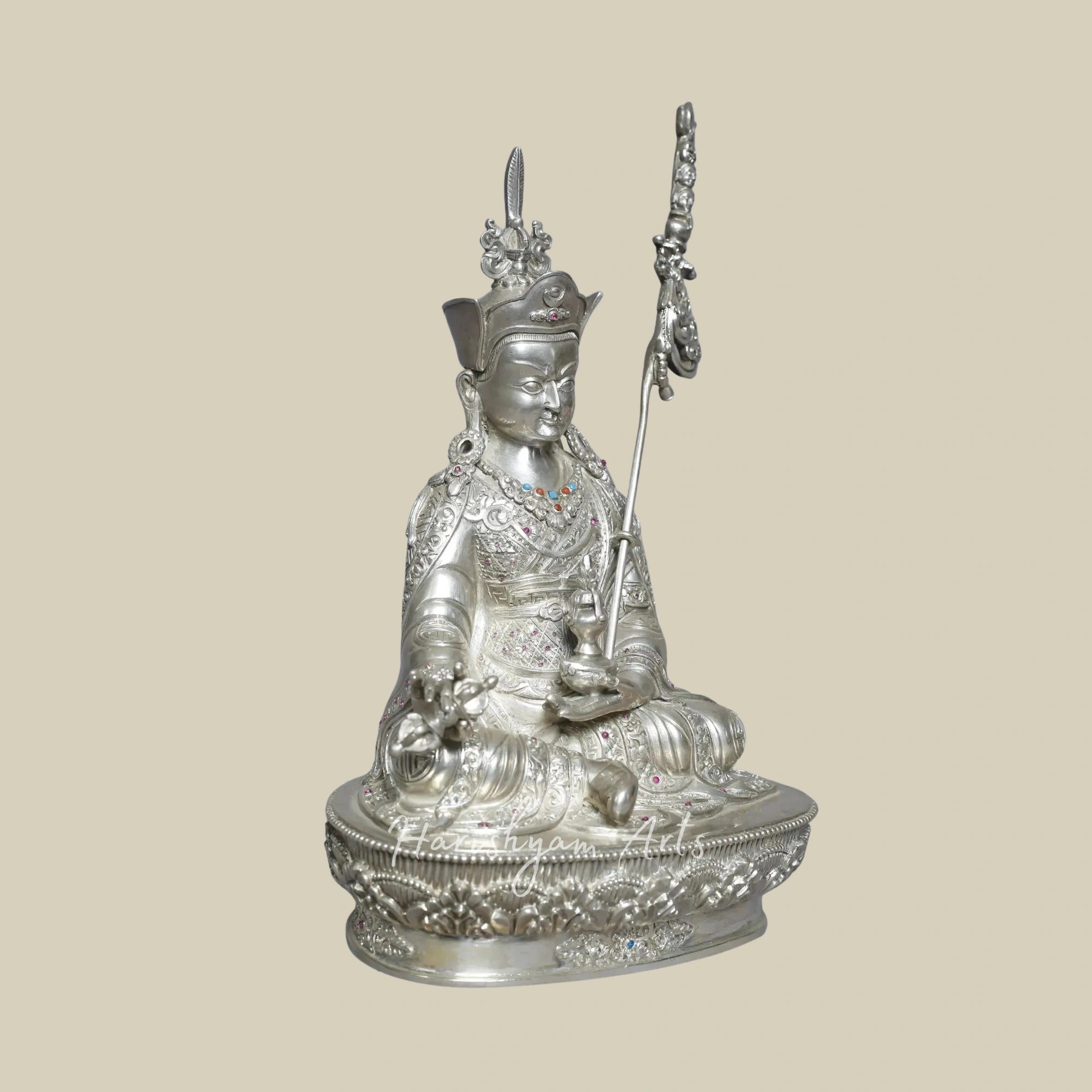 10" Handmade Silver Guru Padmasambhava Idol Sacred Nepal Sculpture