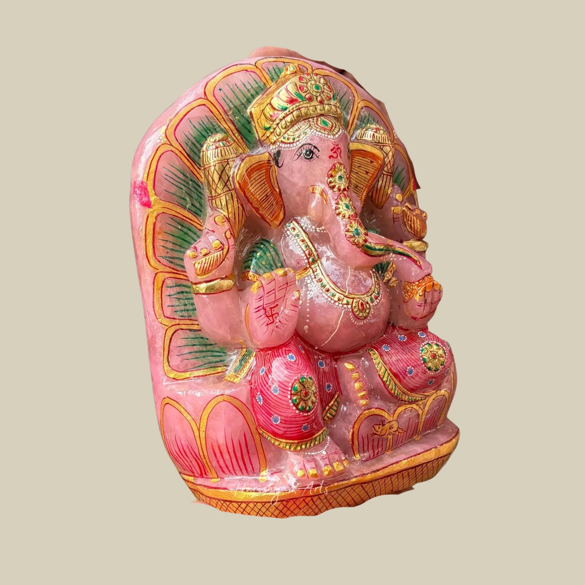 10" Large Rose Lord Ganesha Statue Handcrafted Ganpati Idol for Temple Worship