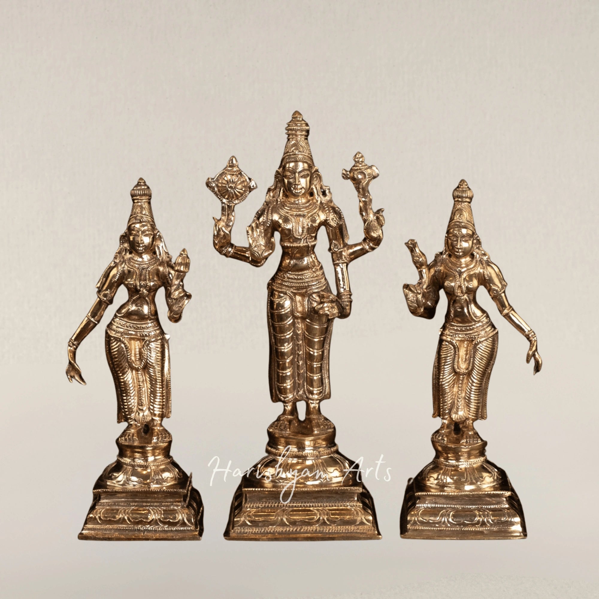 10" Lord Vishnu with Sri Devi and Bhu Devi Panchaloha Bronze Temple Idol