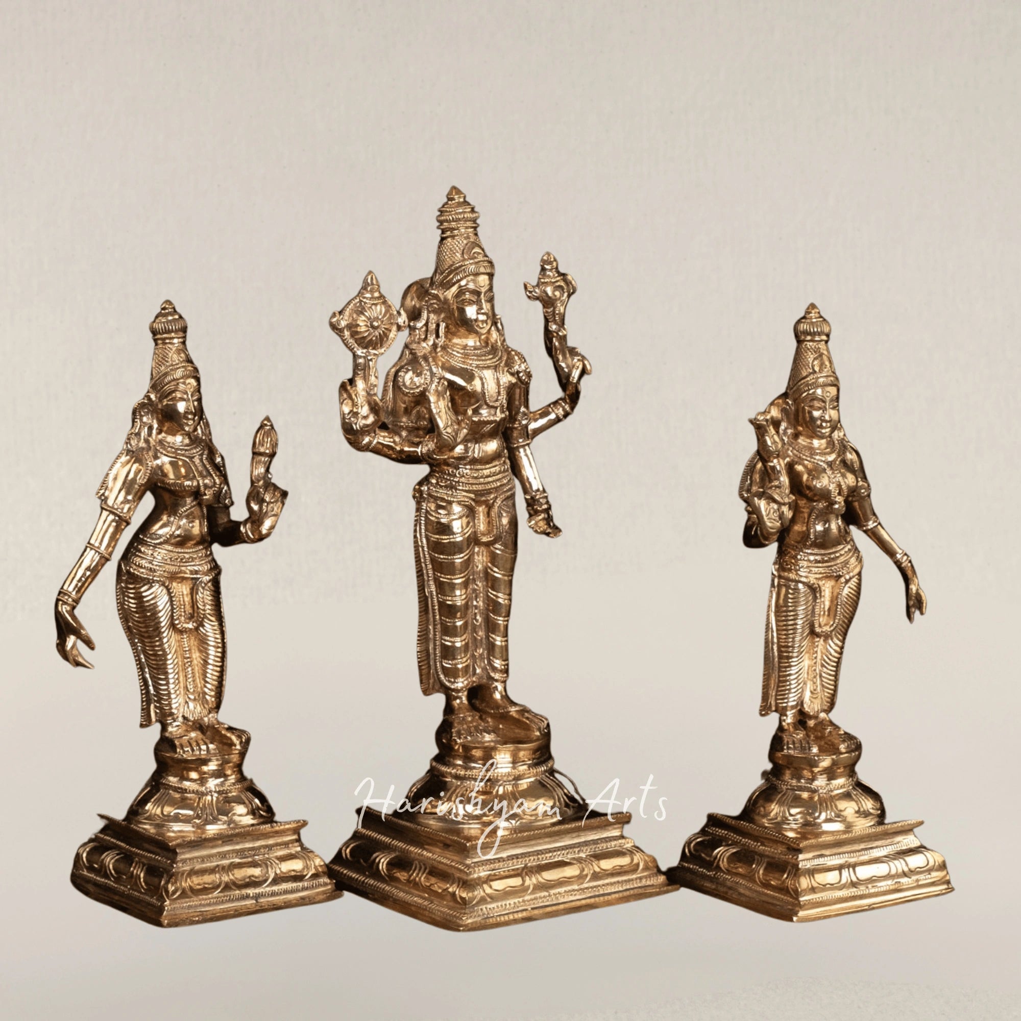 10" Lord Vishnu with Sri Devi and Bhu Devi Panchaloha Bronze Temple Idol
